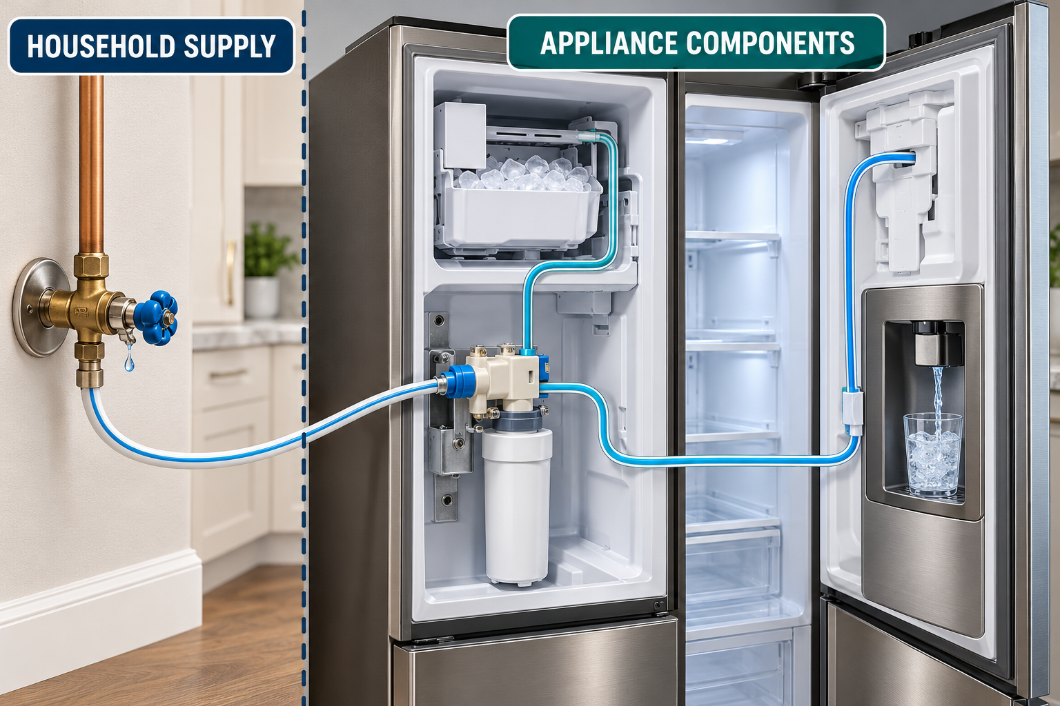 A refrigerator water path separates the household supply and shutoff from the appliance filter, ice maker, and dispenser components.