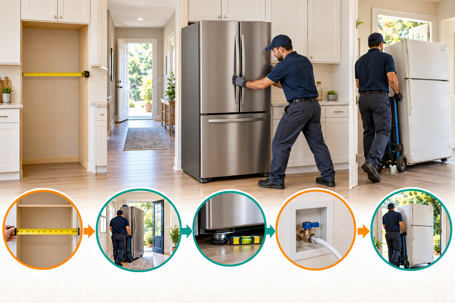 A refrigerator replacement sequence shows opening measurement, delivery access, leveling, water connection, and old-unit removal.