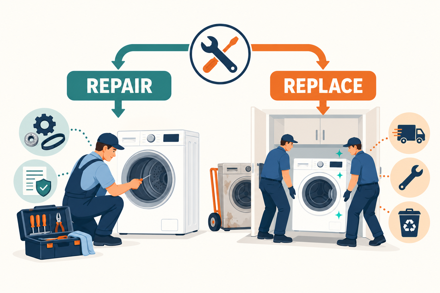 A repair path with parts and warranty checks compared with a replacement path including delivery, installation, and disposal.