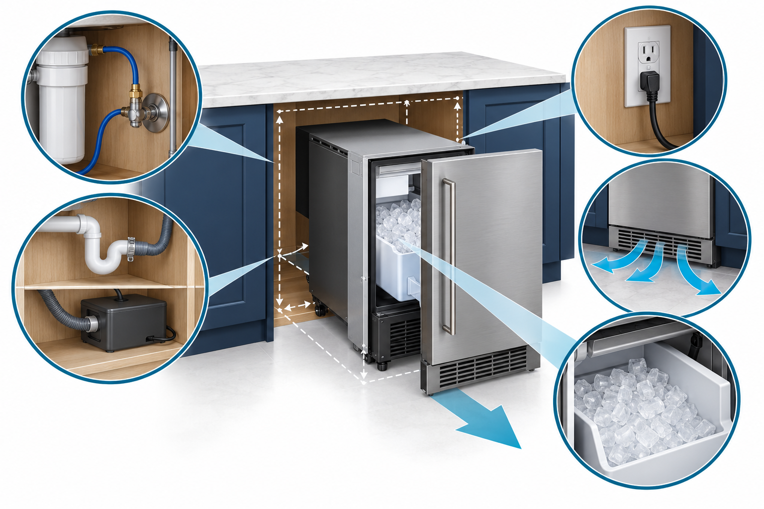 An undercounter ice maker needs a model-compatible opening, water and drain options, power, and airflow.
