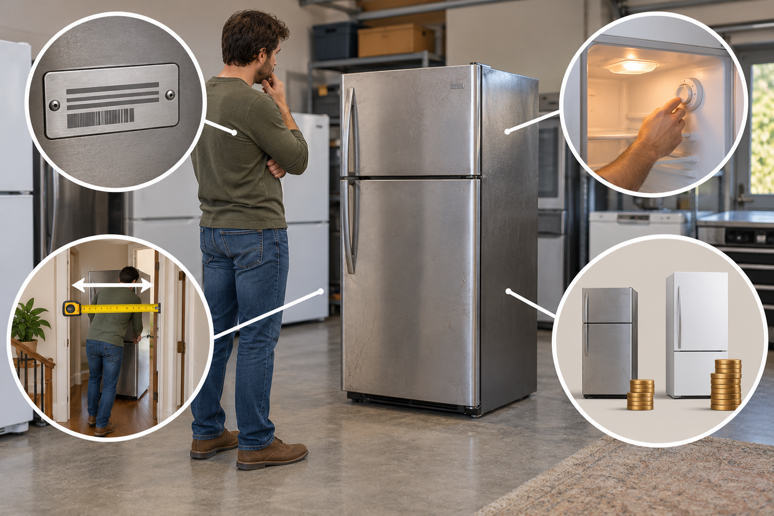 A used-appliance purchase check covers the model label, a function test, delivery access, and total cost.