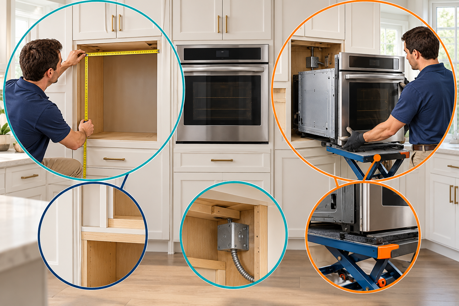 A wall oven is checked against the cabinet cutout and support before a technician removes it on a lift platform.