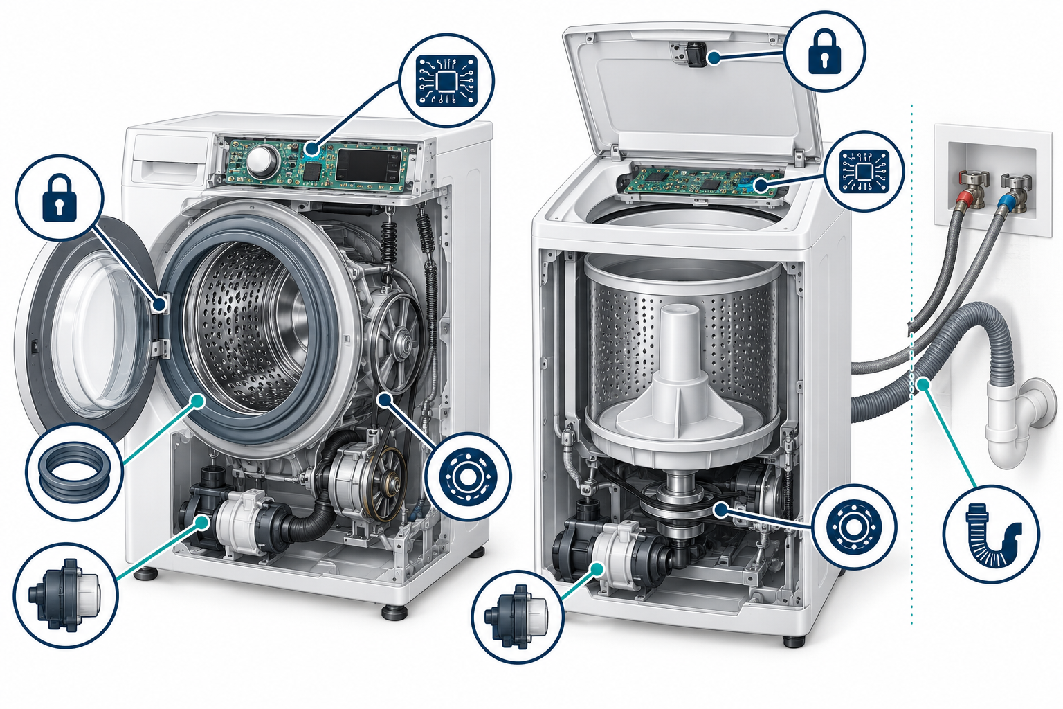 Common washer repair areas and the separate connection to household plumbing.