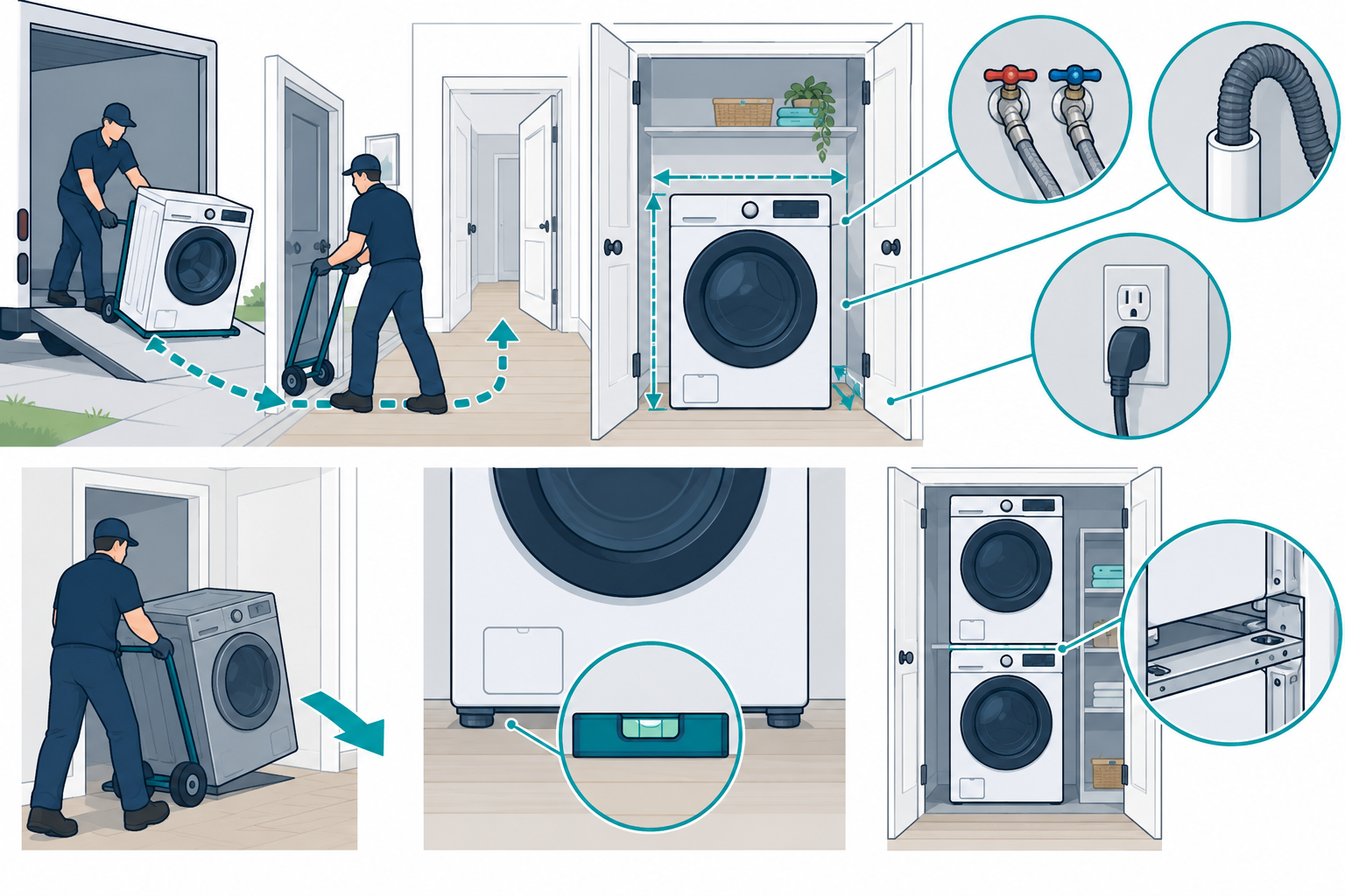 Washer replacement depends on measured access, compatible hookups, a sound floor, and removal scope.