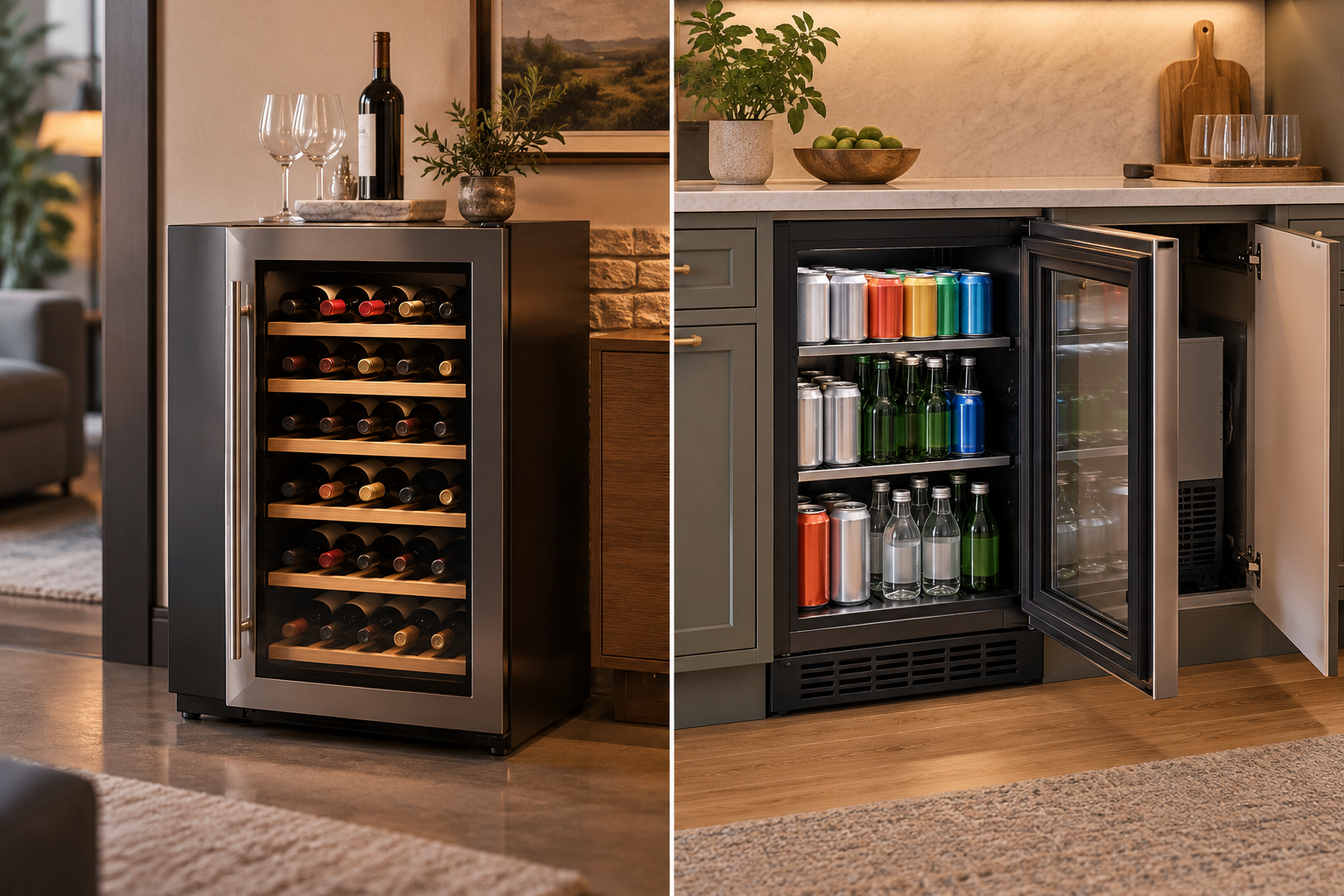 A freestanding wine refrigerator and a built-in beverage center serve different storage and installation purposes.