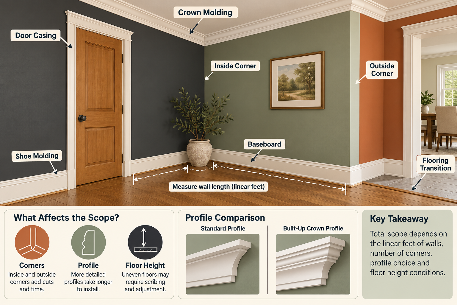 Room detail labeling baseboard, shoe molding, crown, casing, corners, and flooring transitions