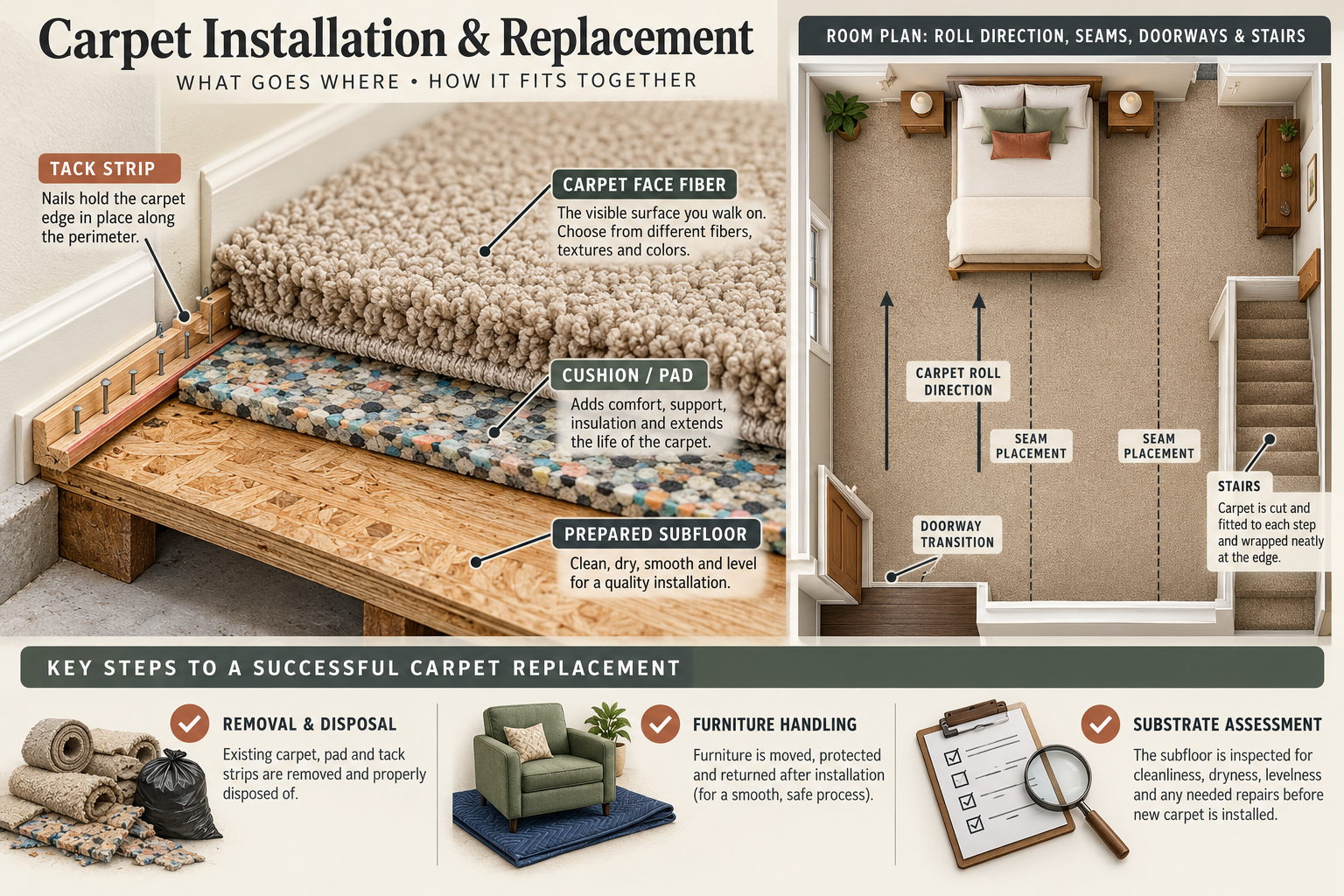 Carpet and cushion cross-section with room roll direction, seam placement, doorway, and stairs