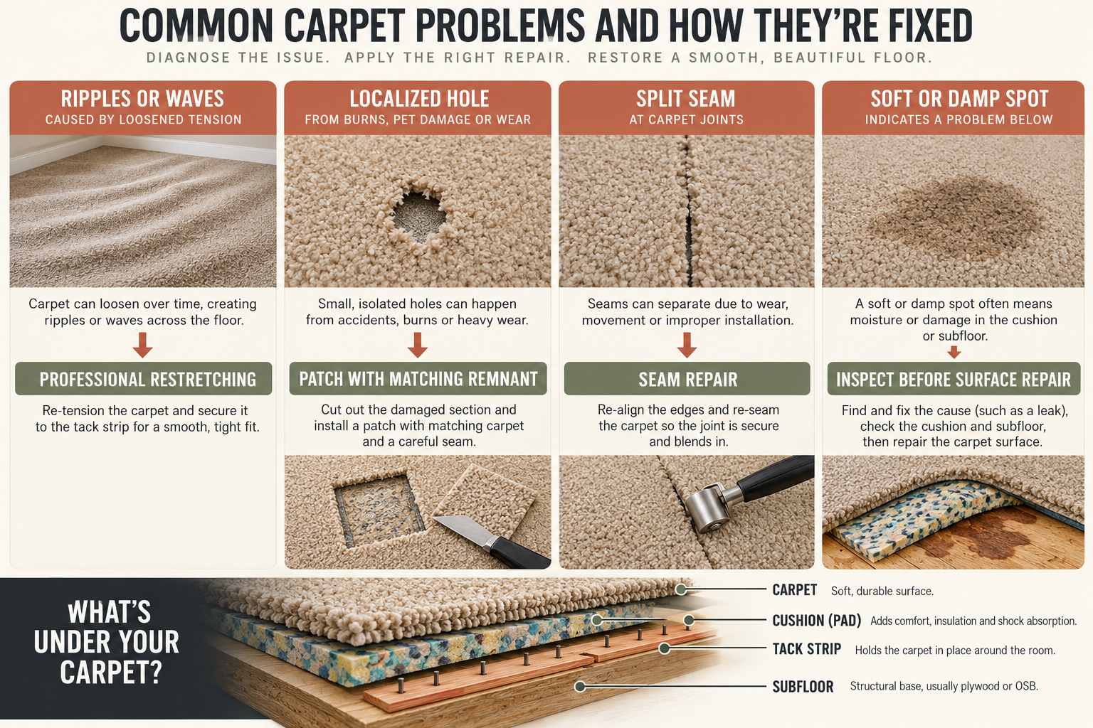 Diagram matching carpet ripples, holes, split seams, and soft spots to repair or inspection options