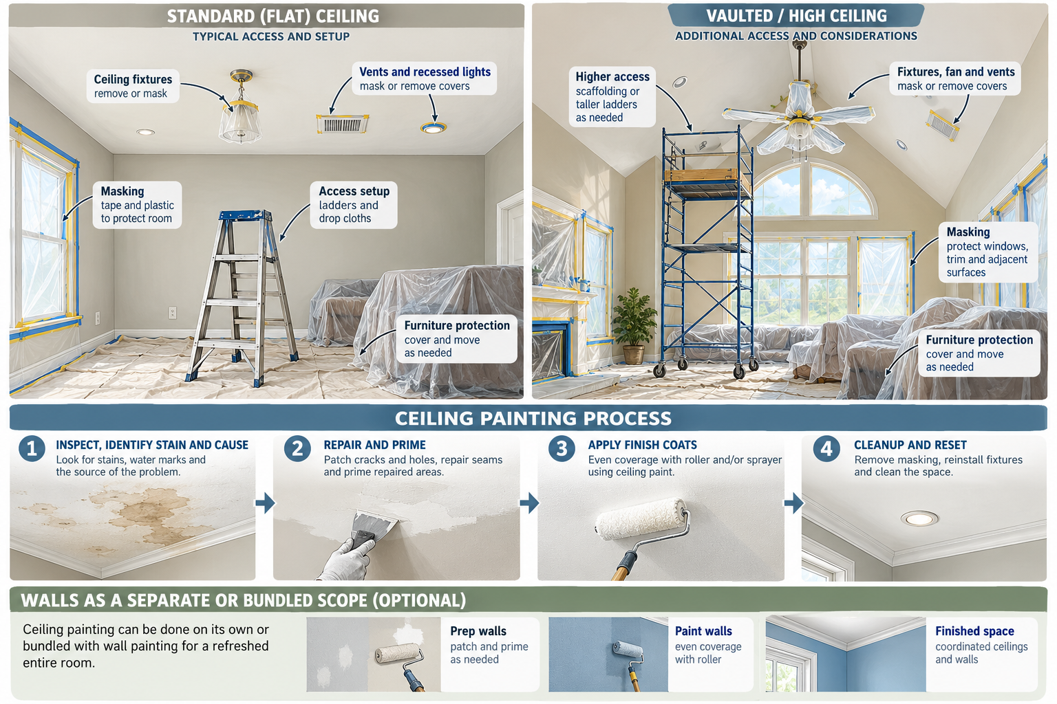 Ceiling painting scope showing height and access, fixture masking, surface preparation, and optional wall bundling