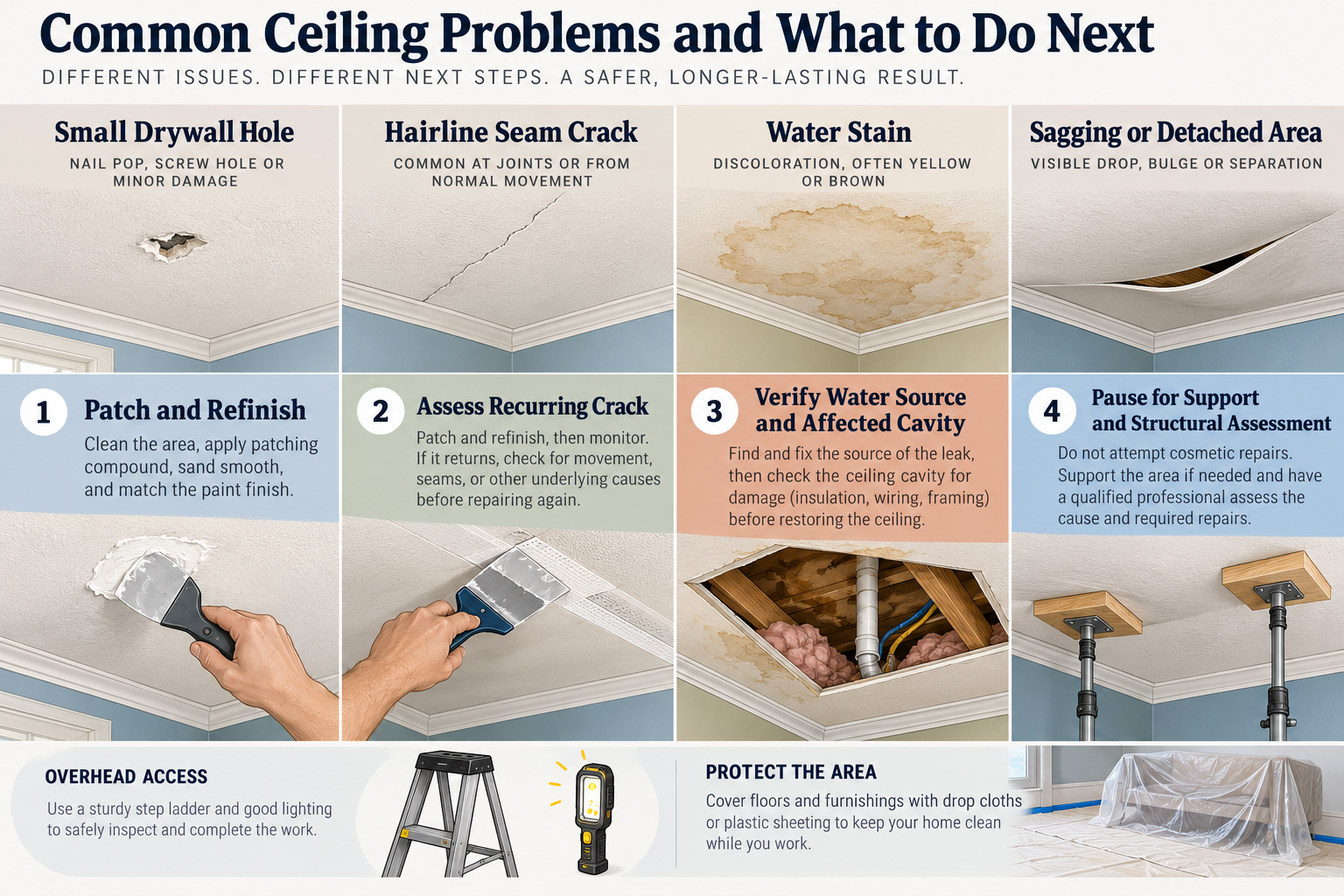 Common ceiling signs with distinct repair scopes for a hole, recurring crack, water stain, and sagging area