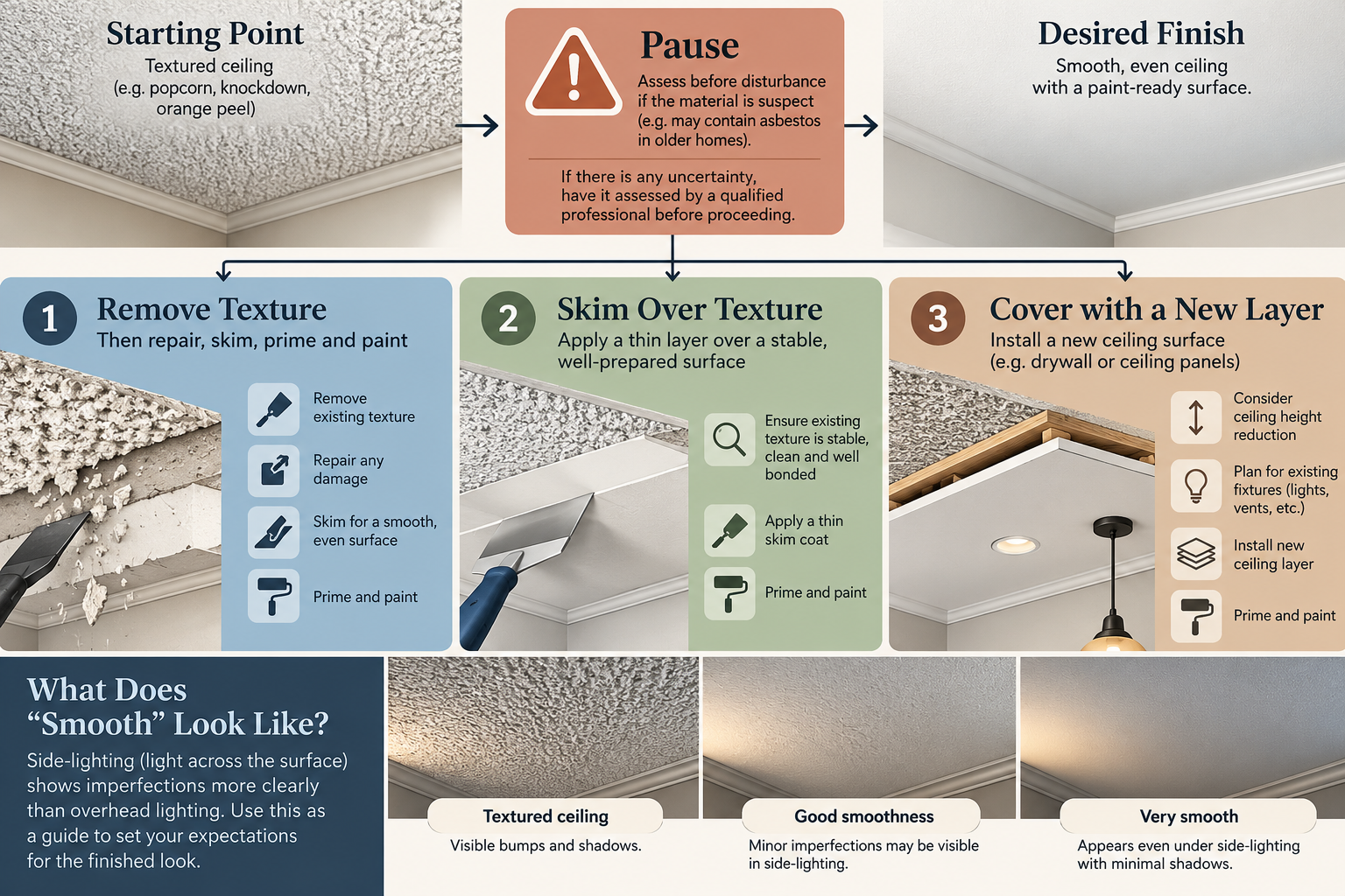Comparison of ceiling texture removal, skim coating, and covering, with a finish-assessment pause before disturbance