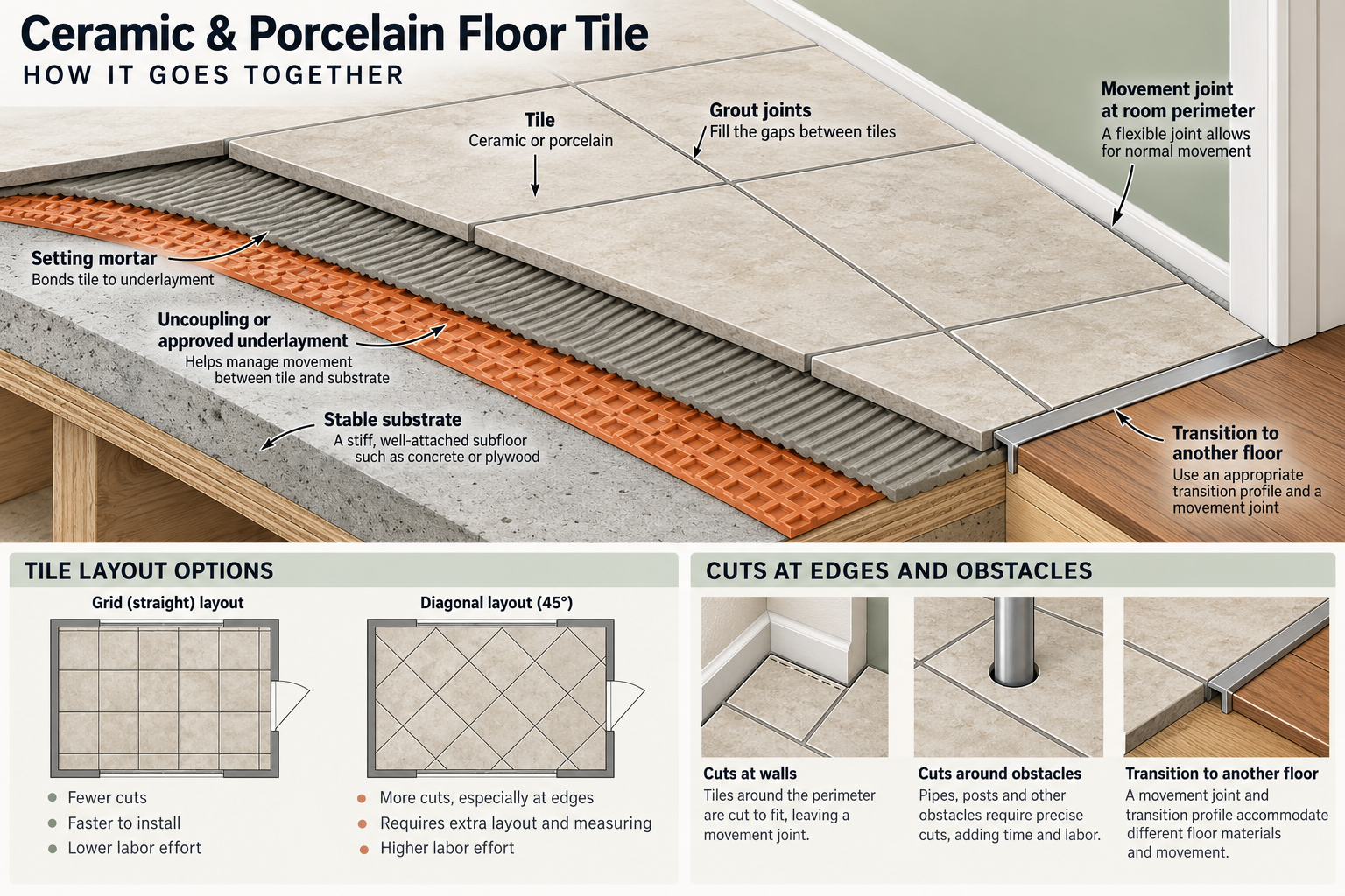 Cutaway of a tile floor assembly with setting layers, movement joint, transition, and layout patterns