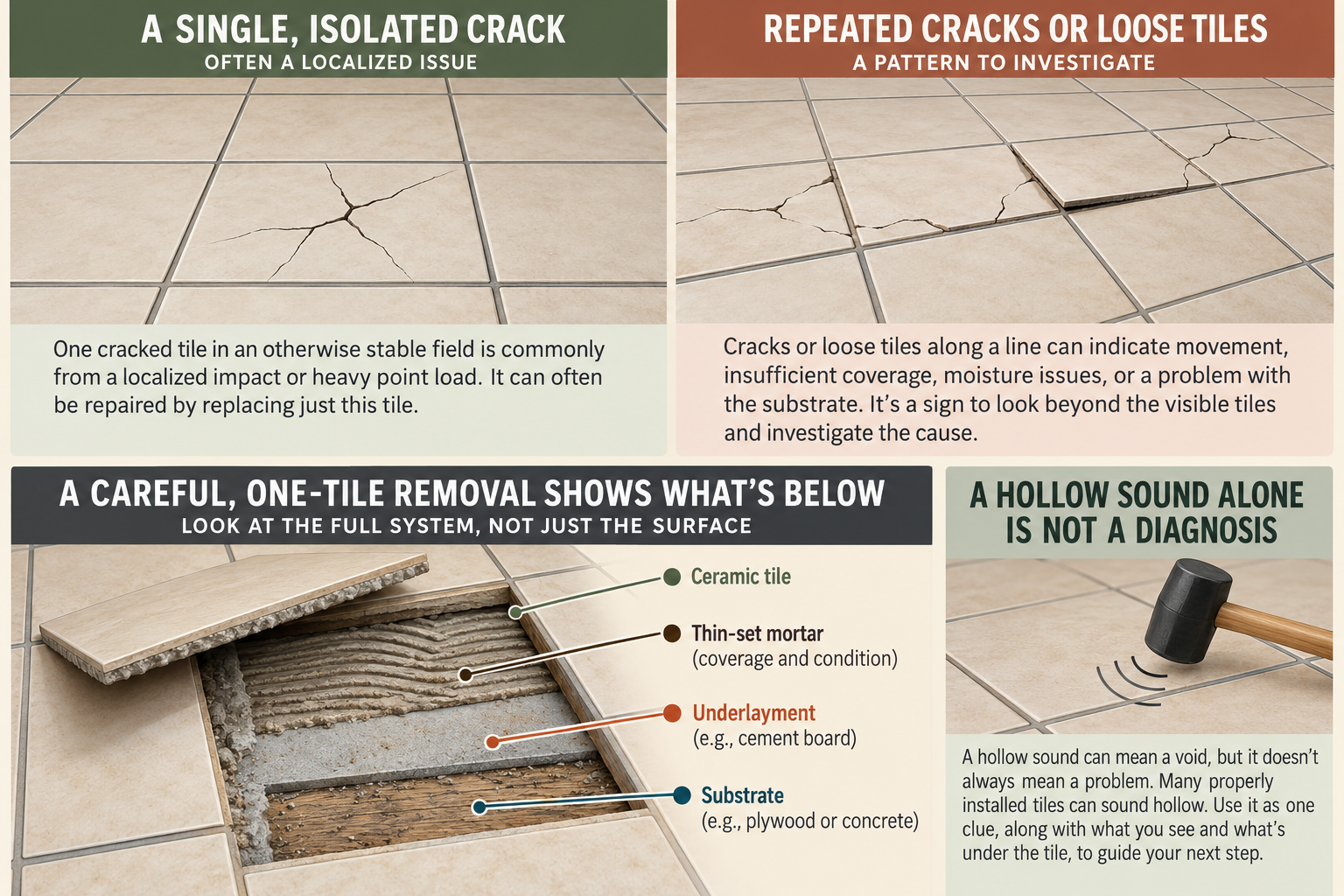Comparison of an isolated cracked tile and repeated tile failures that warrant broader inspection