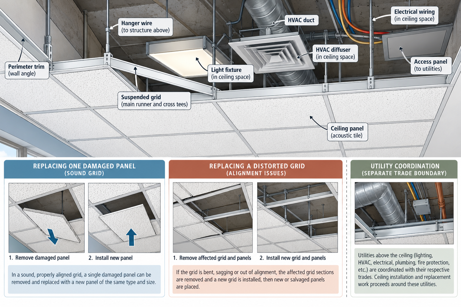 Cutaway of a suspended ceiling showing grid, hangers, panels, utilities, and access panel