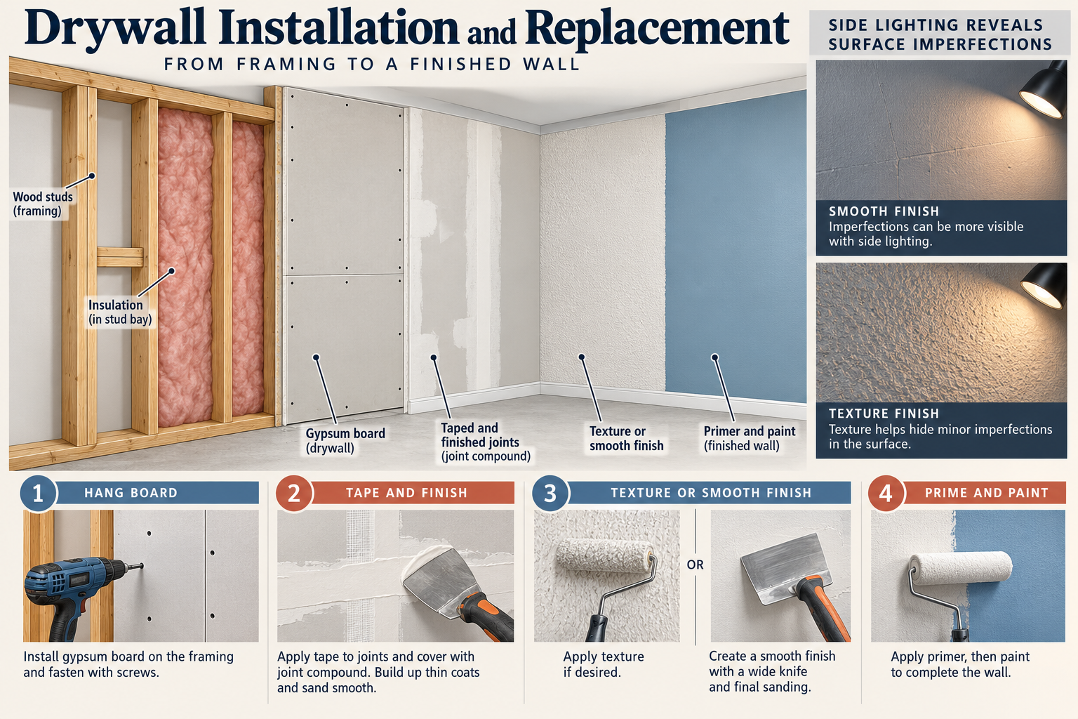 Wall cutaway showing drywall hanging, joint finishing, texture or smooth finish, primer, paint, and lighting effects