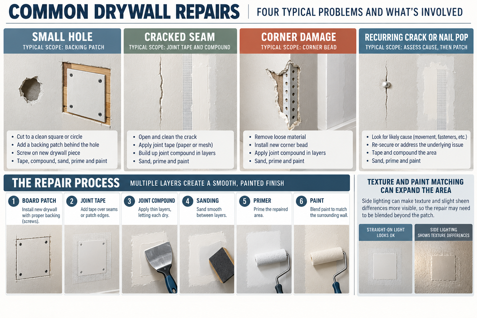 Common drywall repair scopes from a backed hole patch and seam repair to corner repair and cause assessment