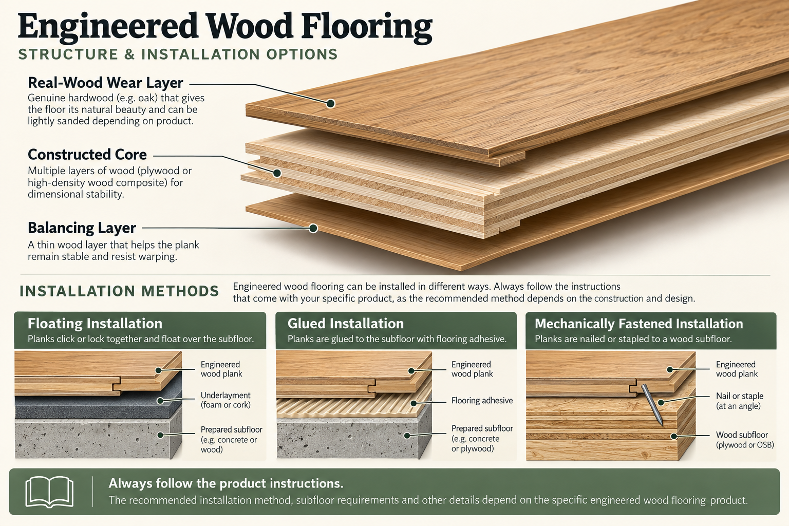 Cutaway of engineered wood layers with floating, glued, and mechanically fastened installation examples