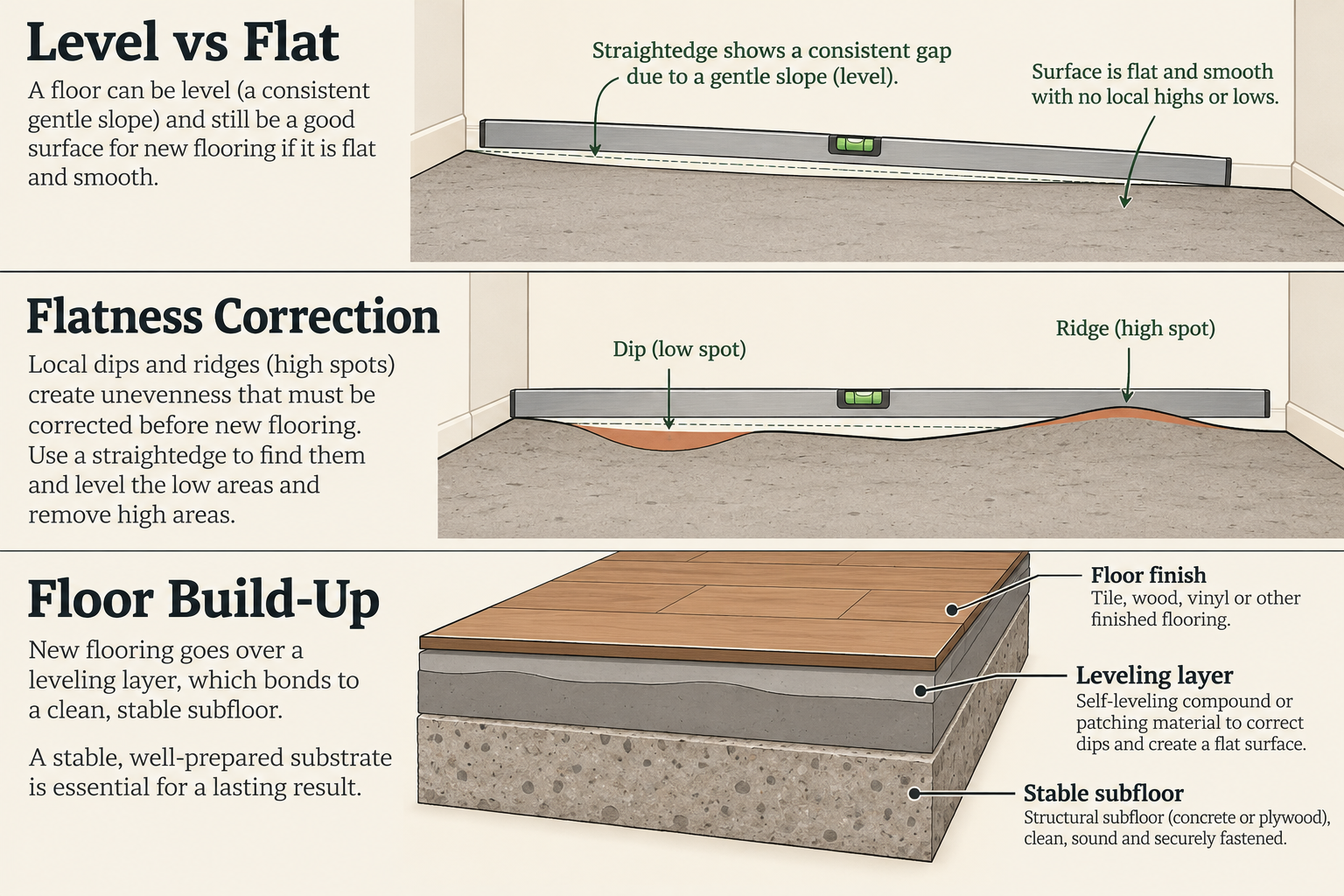 Diagram comparing a smooth sloped floor with local ridges and dips that need flatness correction