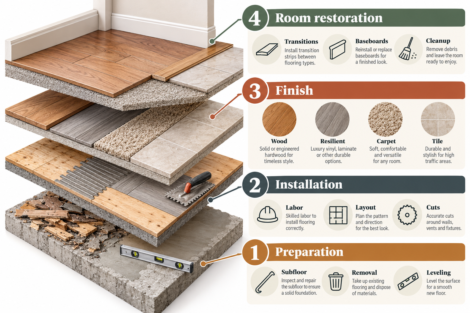 Diagram showing how preparation, installation, finish material, and room restoration contribute to a flooring project budget