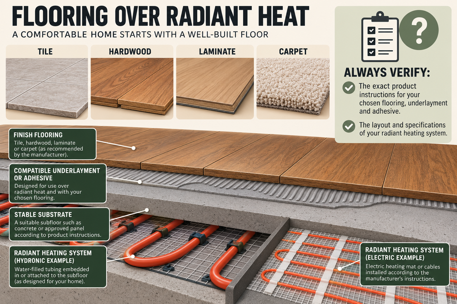 Cutaway of a radiant floor assembly with heating layer, substrate, finish options, and a product-compatibility check