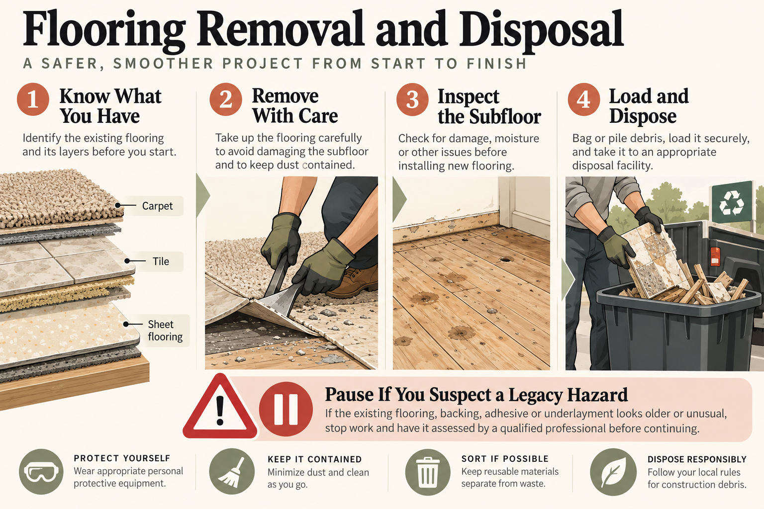 Sequence showing existing floor layers, careful removal, exposed-subfloor inspection, and debris disposal