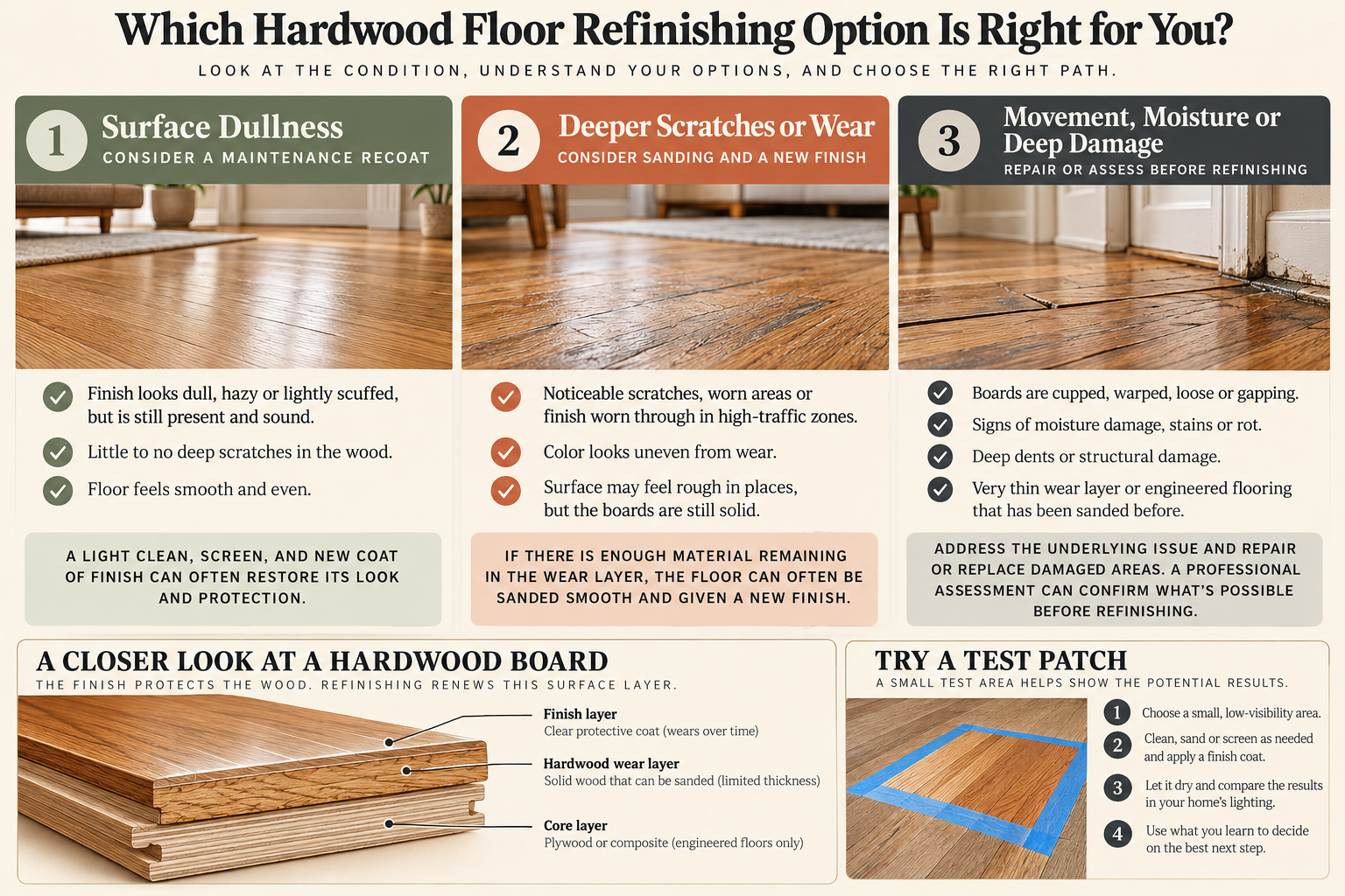 Guide comparing maintenance recoating, full sanding and refinishing, and assessment for deeper floor problems