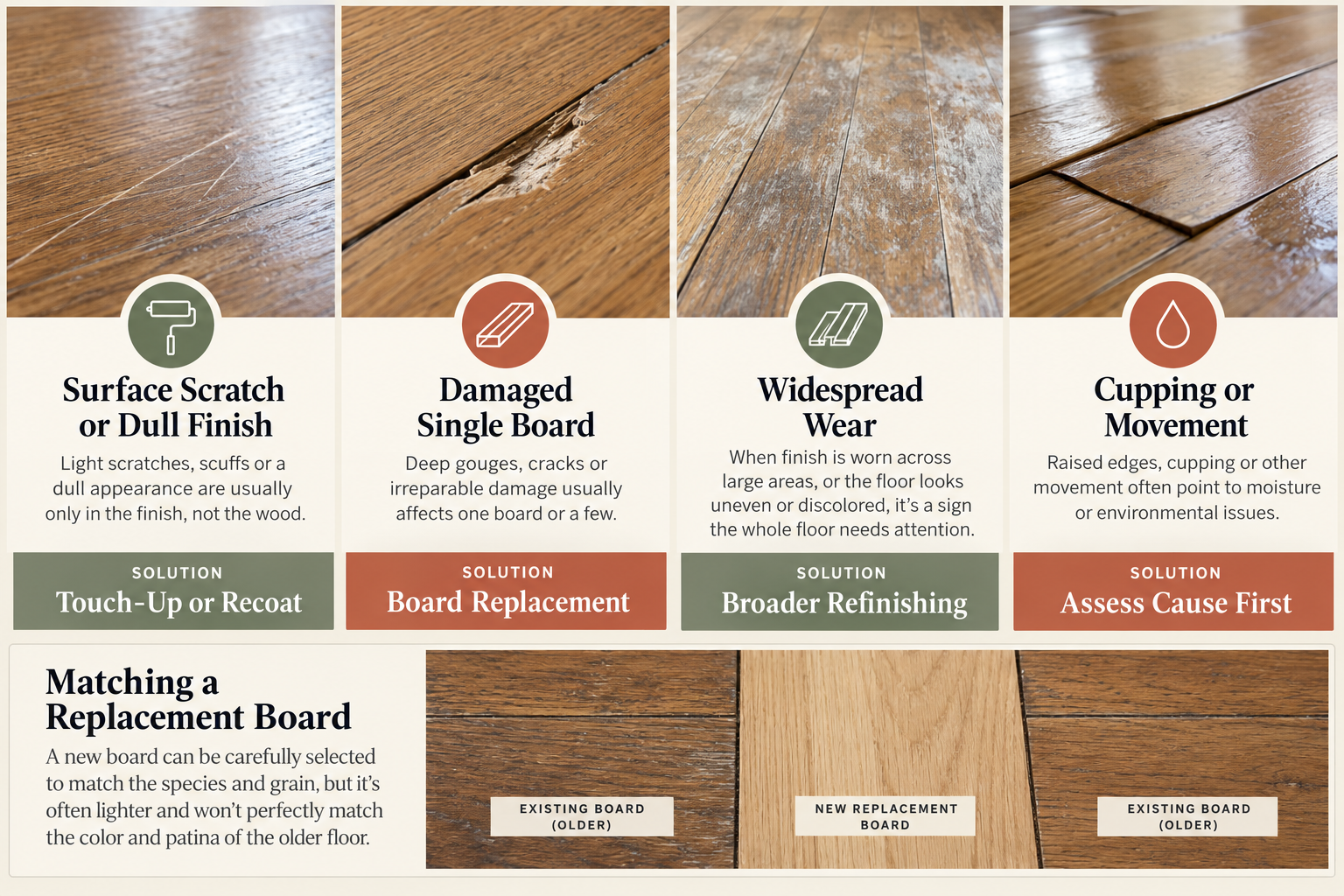 Hardwood repair choices for surface wear, a damaged board, widespread wear, and signs that need cause assessment