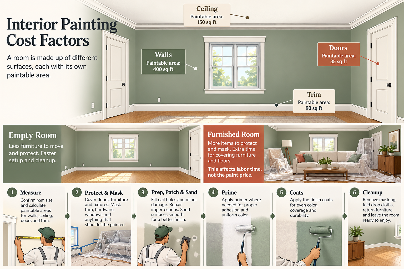 Room elevation separating walls, ceiling, doors, and trim with the main painting work stages