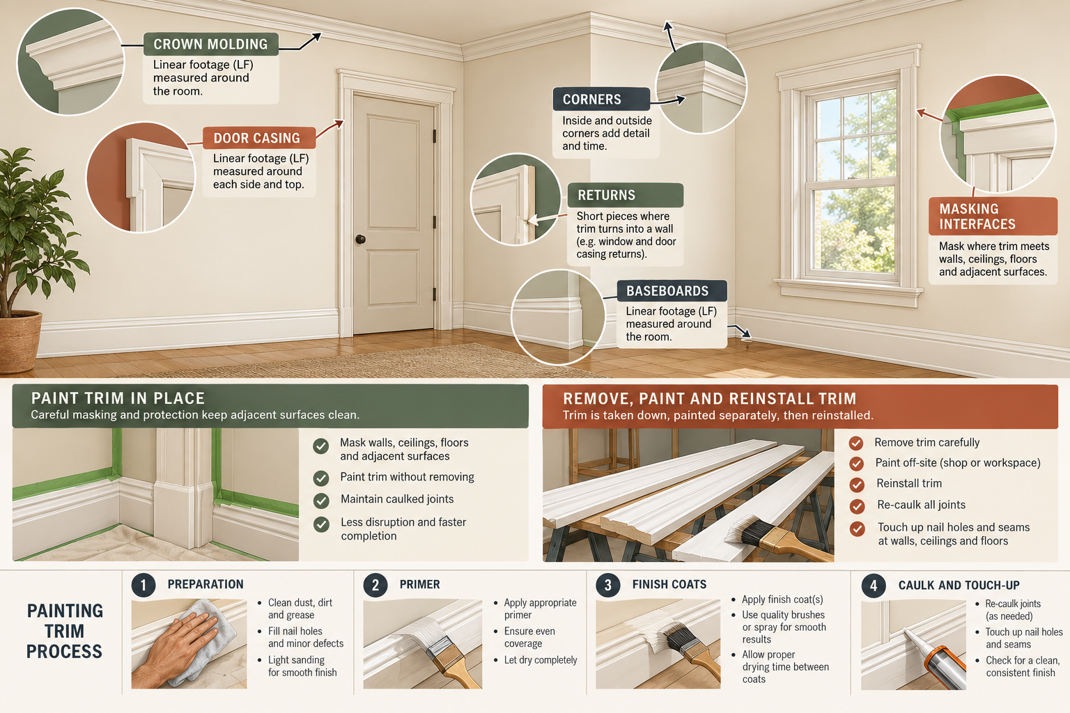 Trim profile diagram showing baseboards, casing, crown, linear details, and in-place versus removed painting