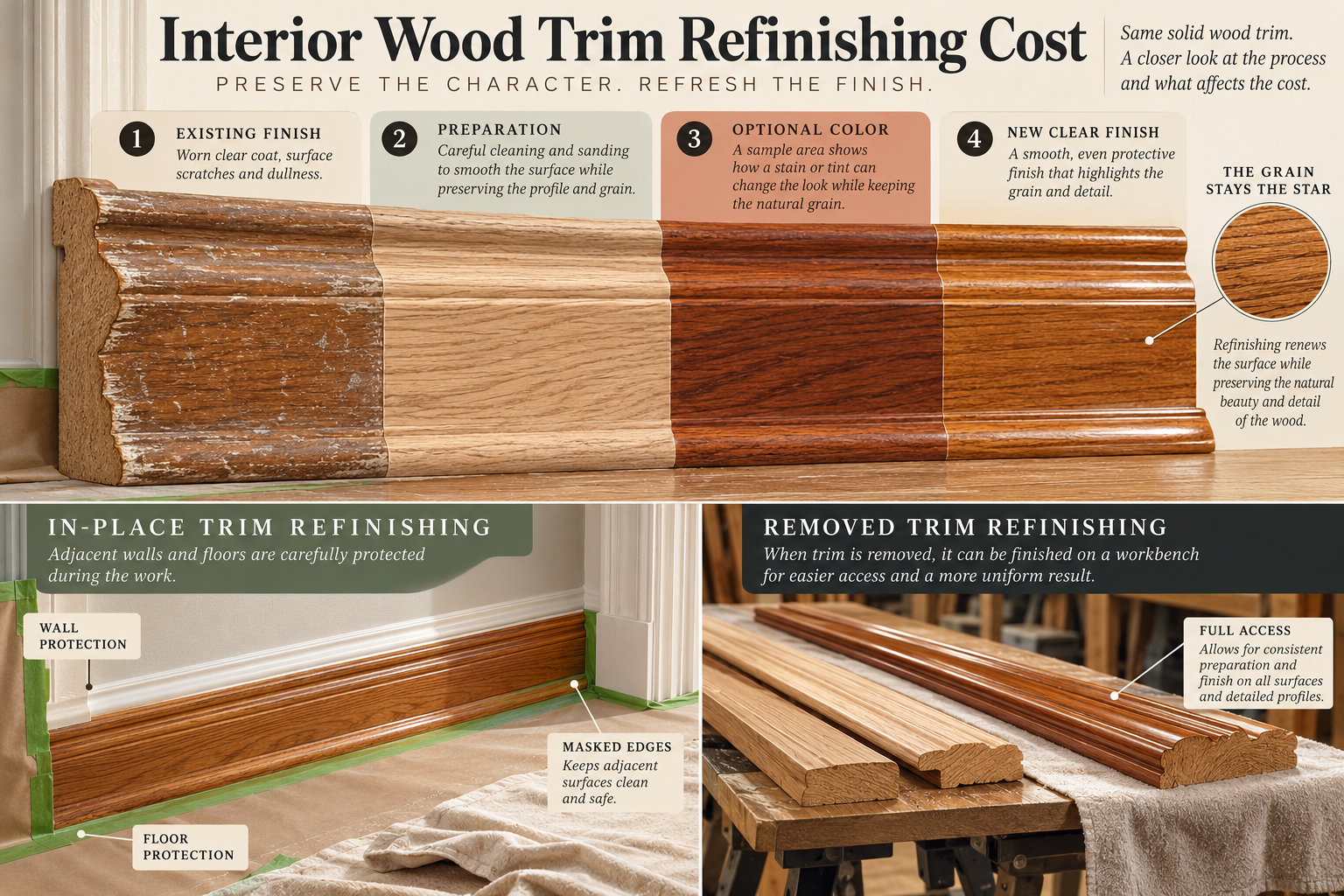 Wood trim refinishing stages showing profile detail, surface preparation, color sampling, and clear finishing