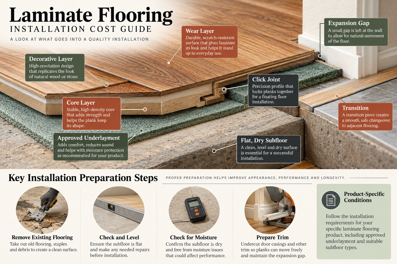 Cutaway of a laminate floor system showing plank, underlayment, prepared subfloor, expansion gap, and transition