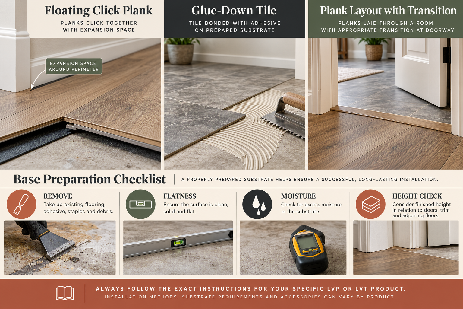 Comparison of floating and glue-down resilient flooring with substrate preparation and doorway transition checks