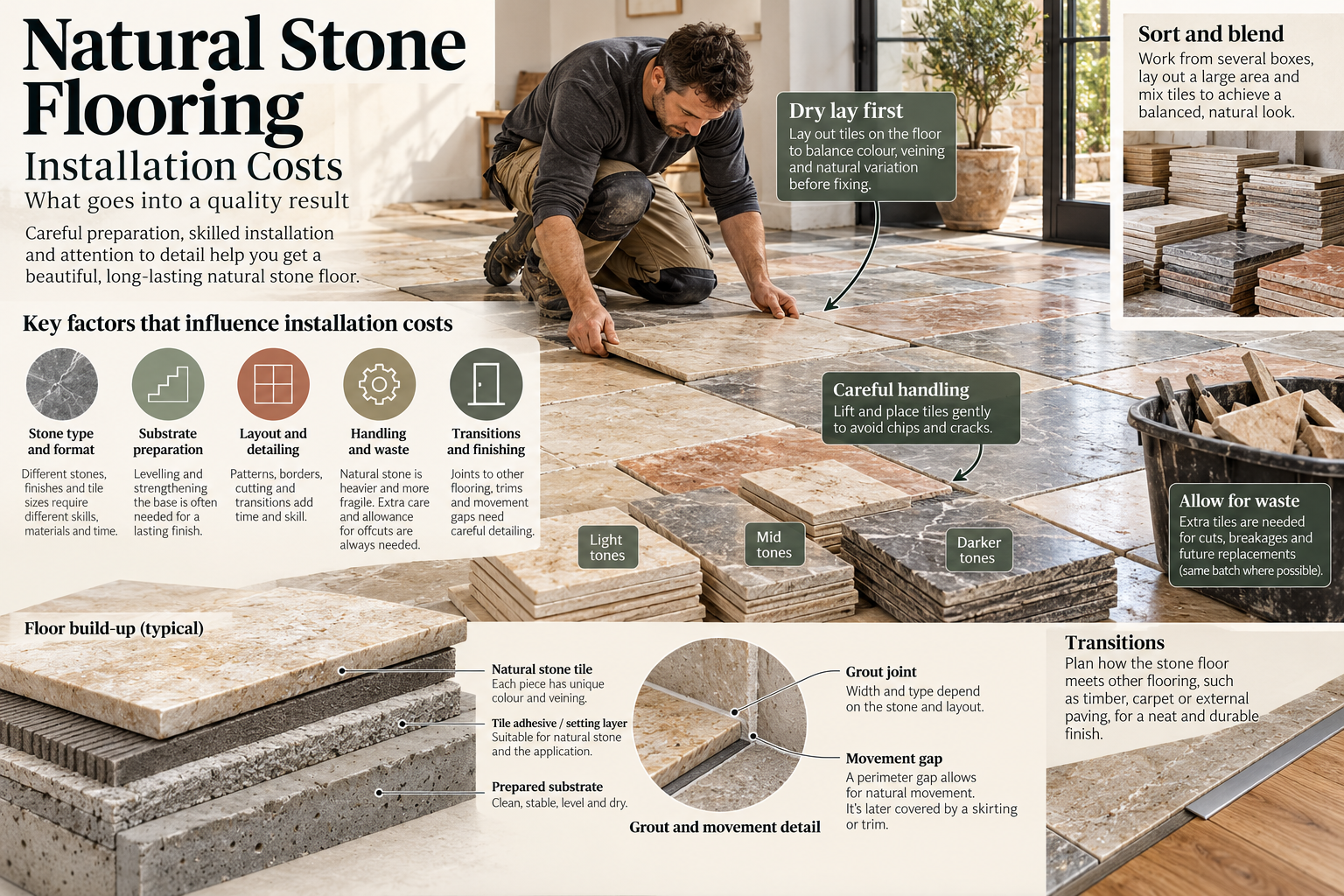 Installer planning natural-stone tile variation and layout over a prepared floor assembly