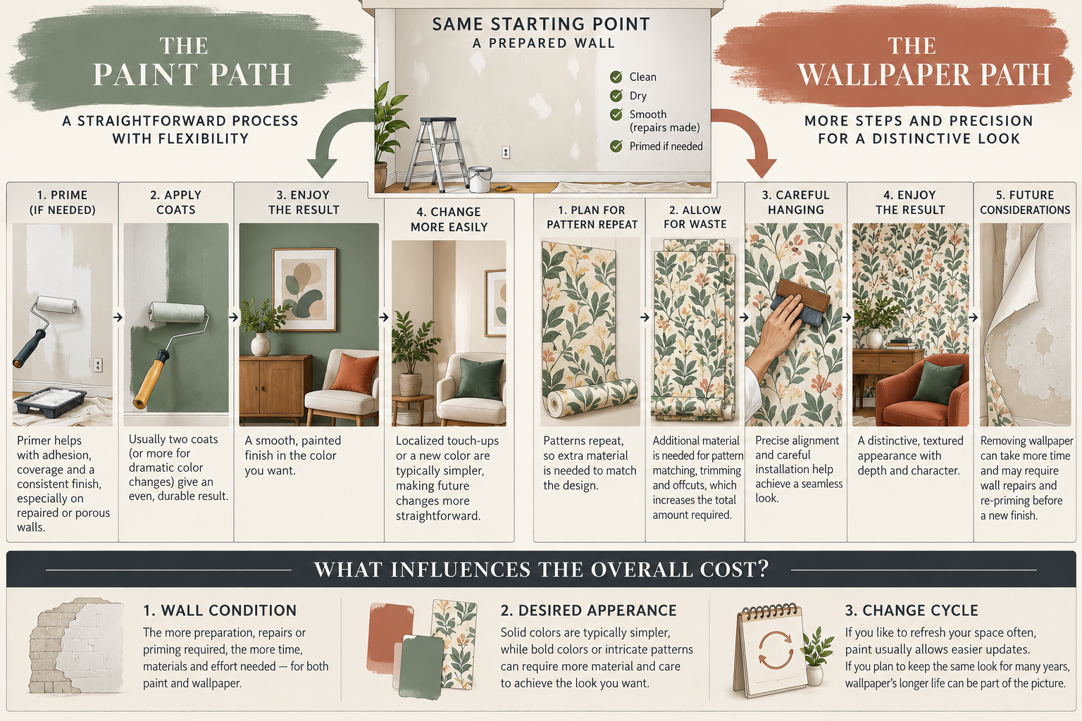 Side-by-side paint and wallpaper project paths from shared wall preparation through installation and future changes