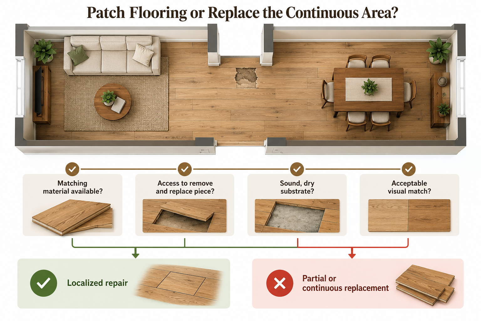 Decision diagram comparing localized flooring repair with partial or continuous replacement based on material match, access, substrate condition, and visual continuity