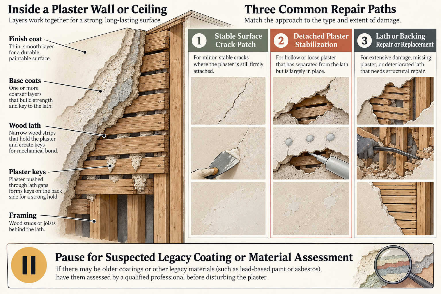 Cutaway of plaster coats and lath with repair options for a stable crack, loose area, or damaged backing