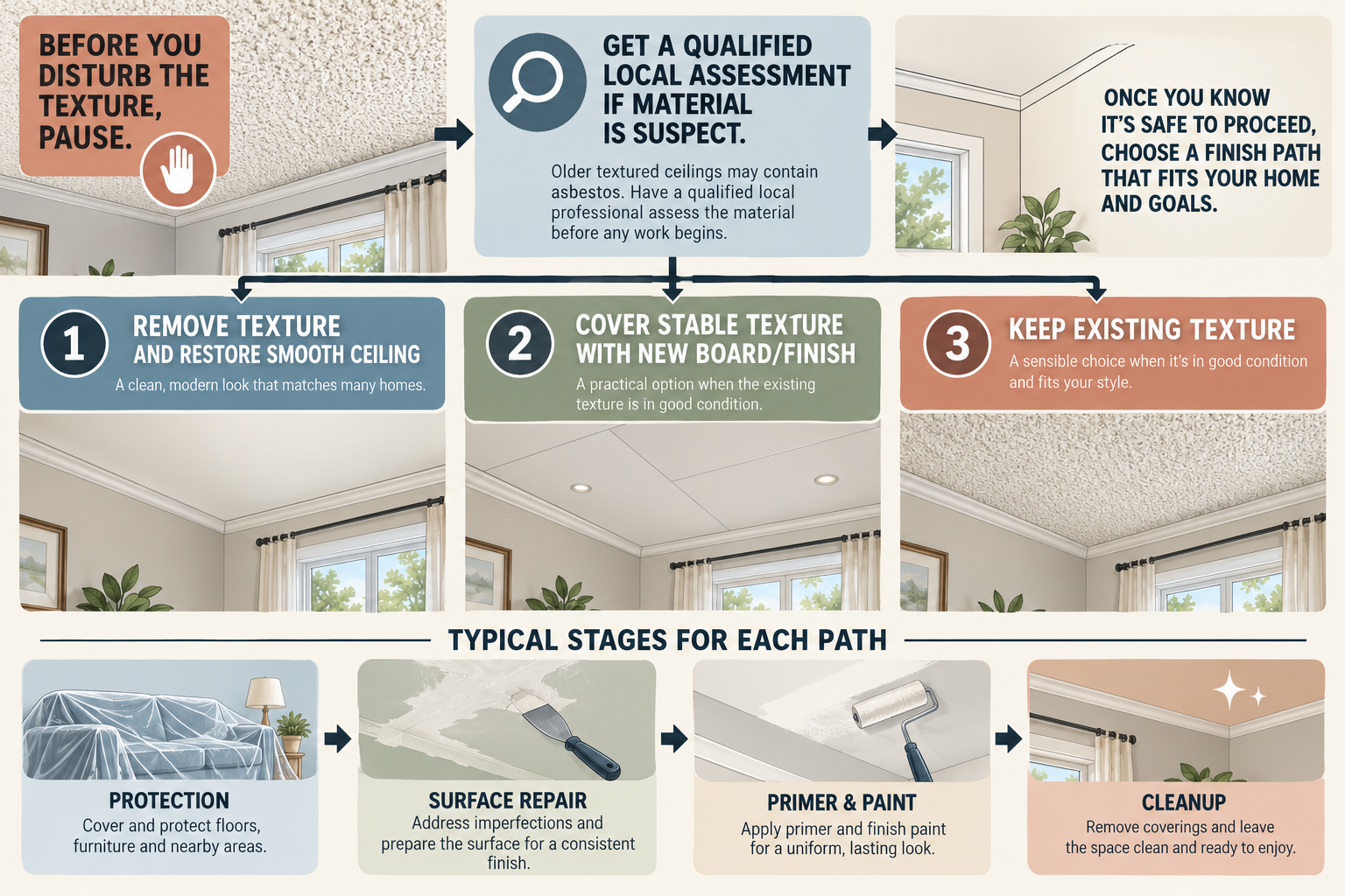 Decision flow showing the assessment pause before disturbance and the options to remove, cover, or retain ceiling texture
