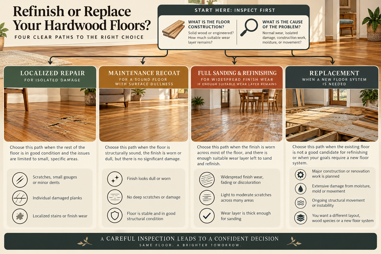 Decision diagram comparing localized repair, maintenance recoat, full refinishing, and replacement