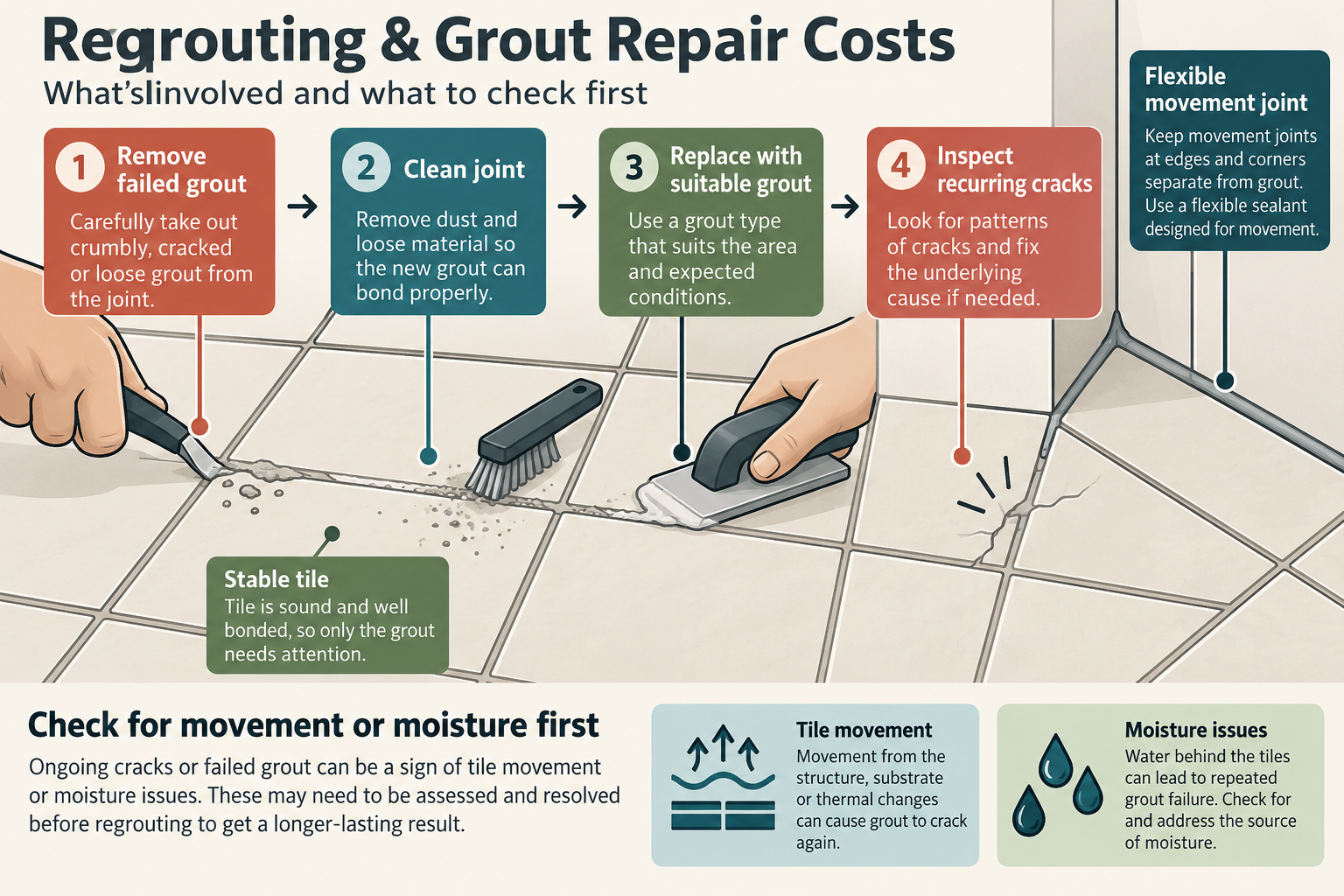 Diagram of failed grout removal, joint cleaning, replacement grout, and a separate movement joint