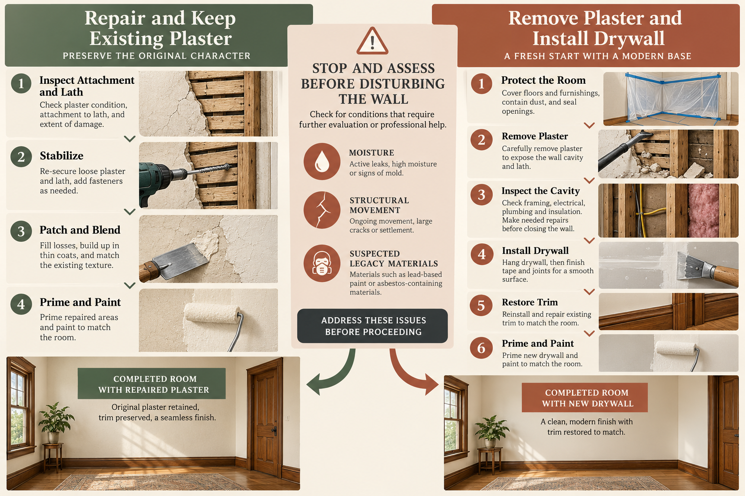 Comparison of the complete plaster repair and drywall replacement paths with a shared assessment stop point