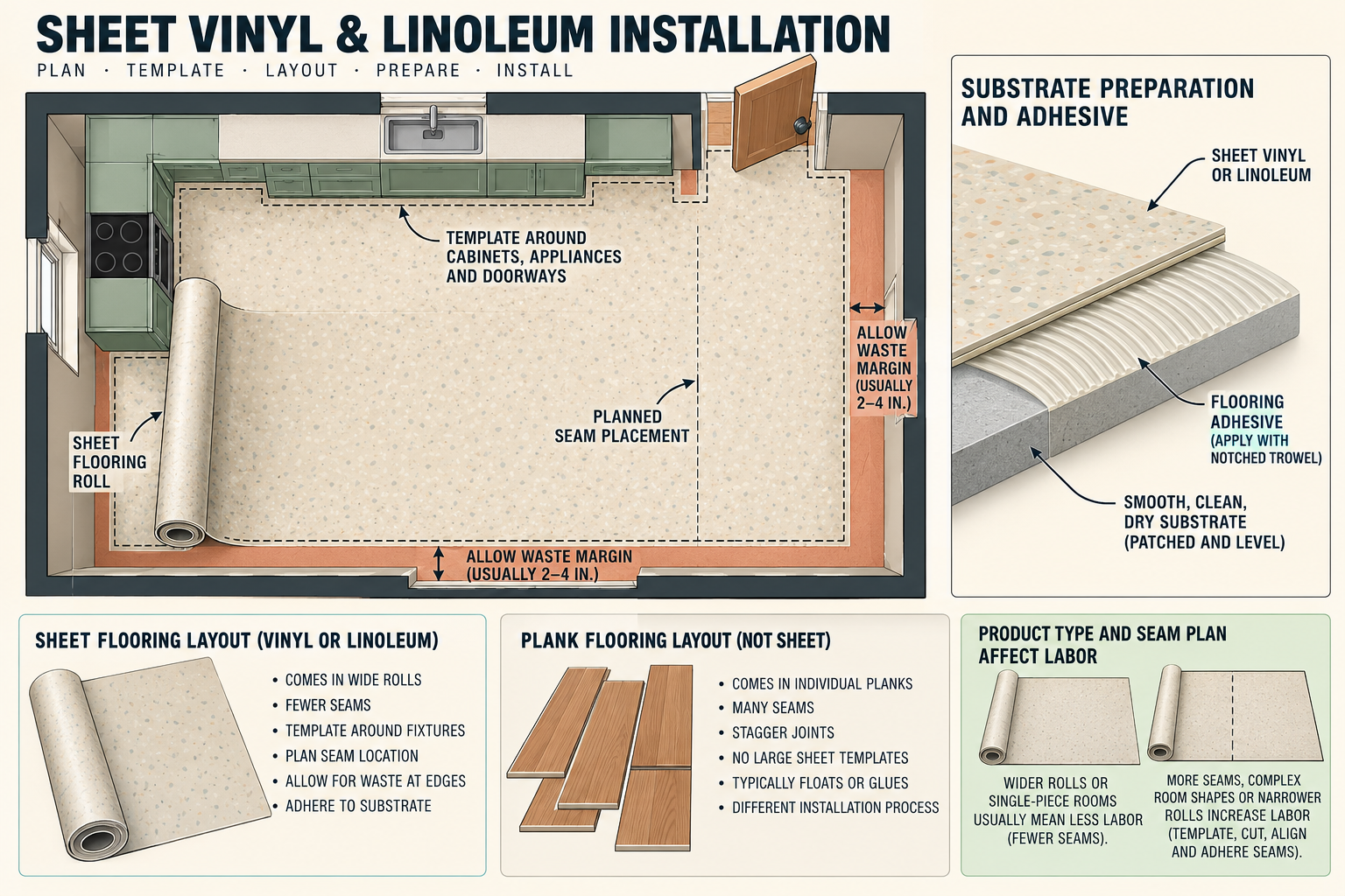 Room layout showing sheet flooring roll direction, seam planning, cutouts, and a prepared adhesive base