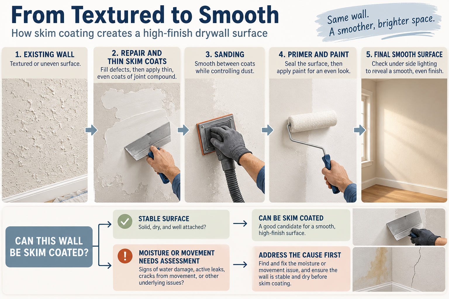 Stages from wall preparation through skim coats, sanding, primer, paint, and side-lighting inspection