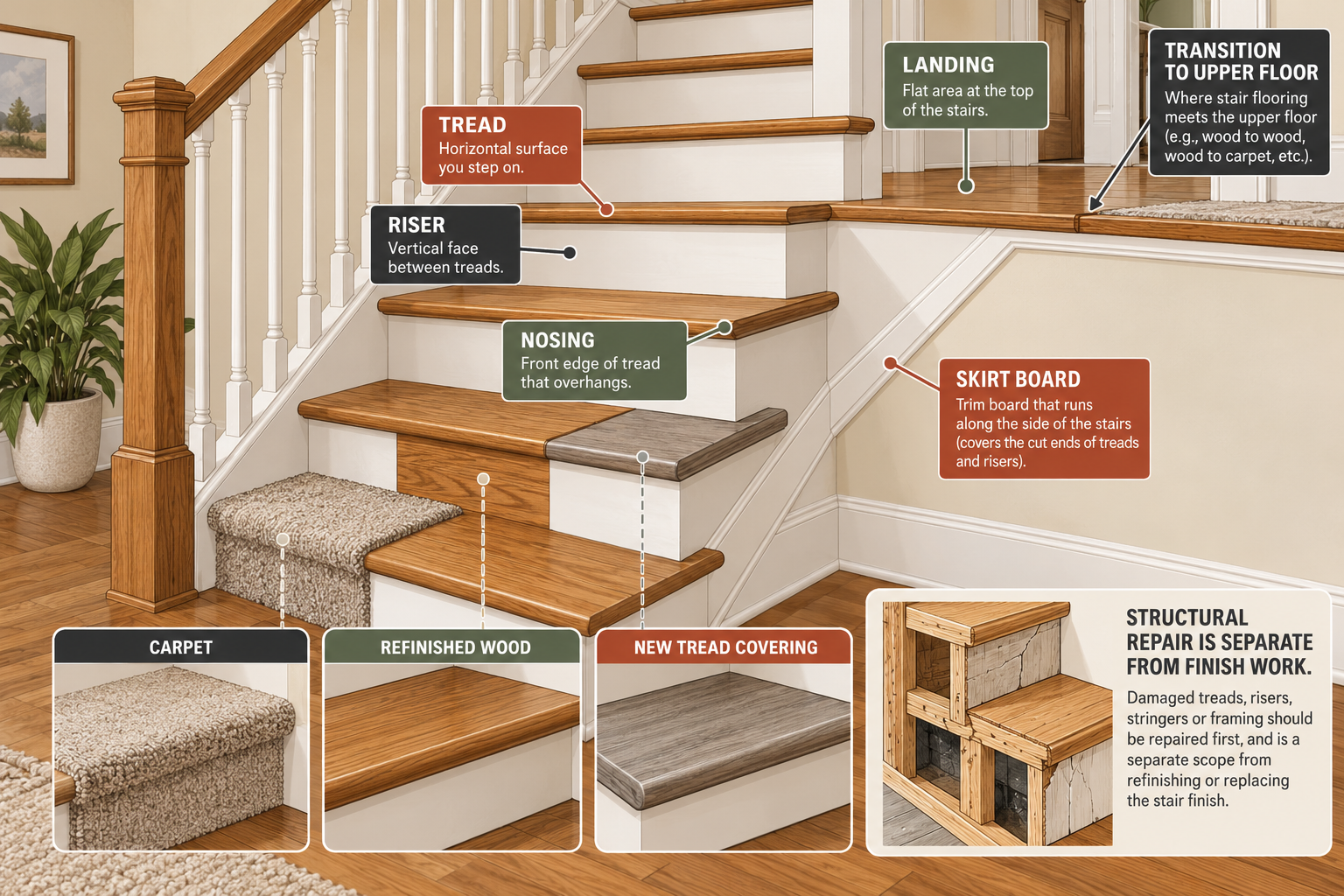 Stair diagram labeling treads, risers, nosings, landings, skirt boards, and adjacent-floor transitions
