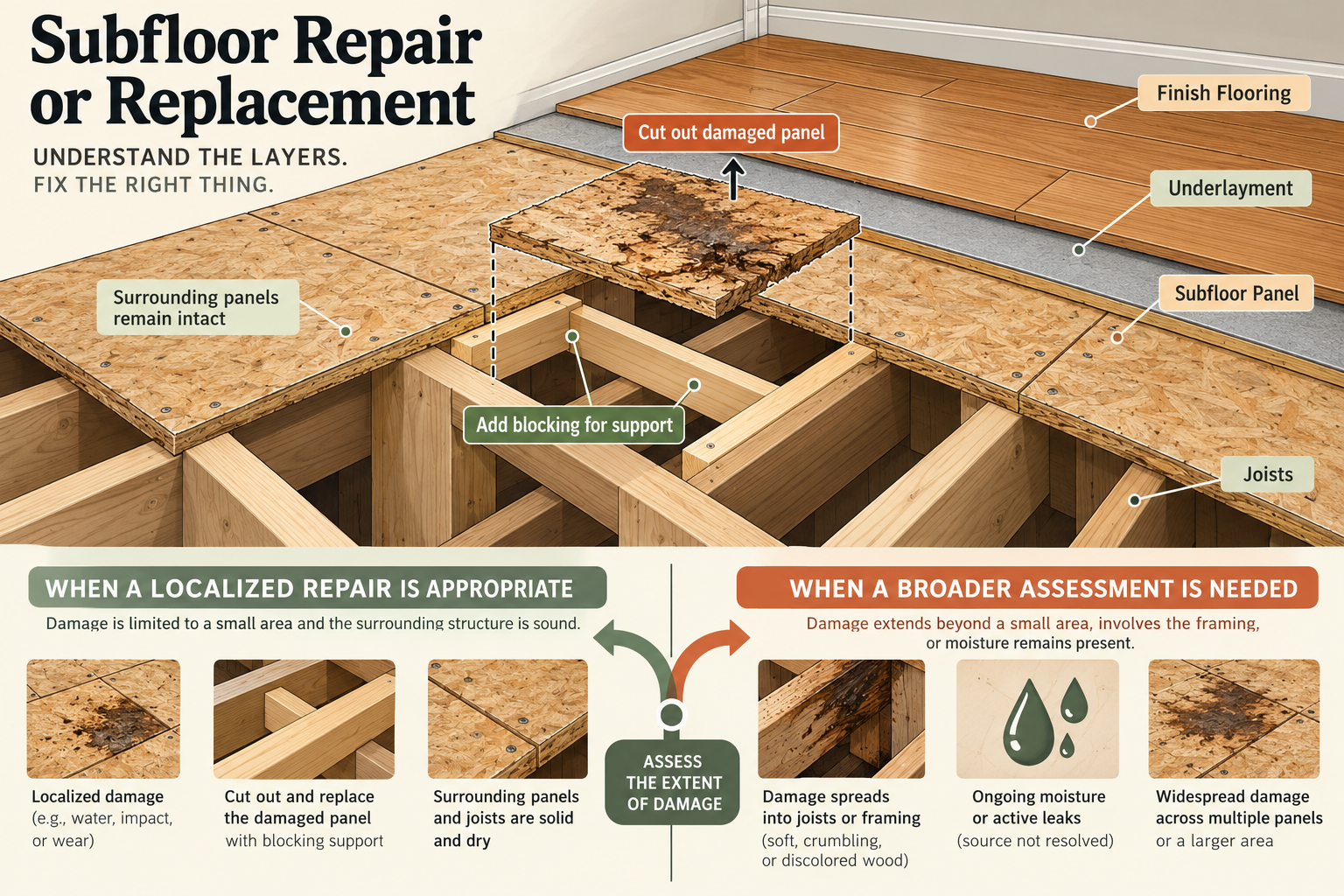 Cutaway of a floor assembly showing finish, underlayment, subfloor panel, joists, and the boundary between localized repair and broader assessment