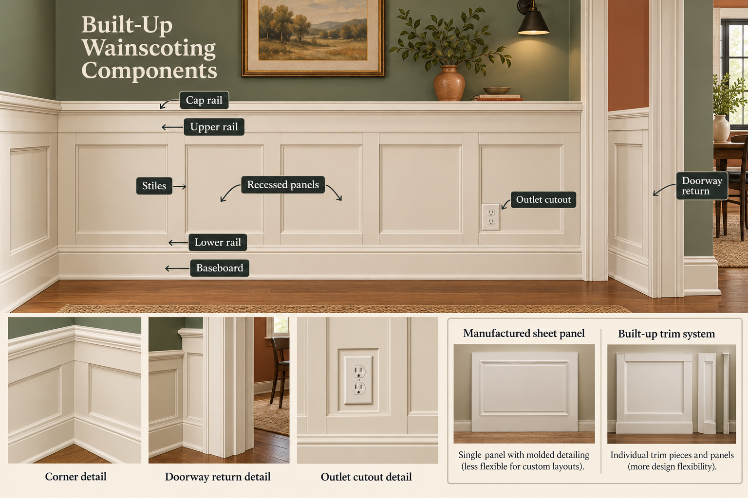 Wainscoting wall elevation showing rails, stiles, panels, baseboard, corners, and an opening