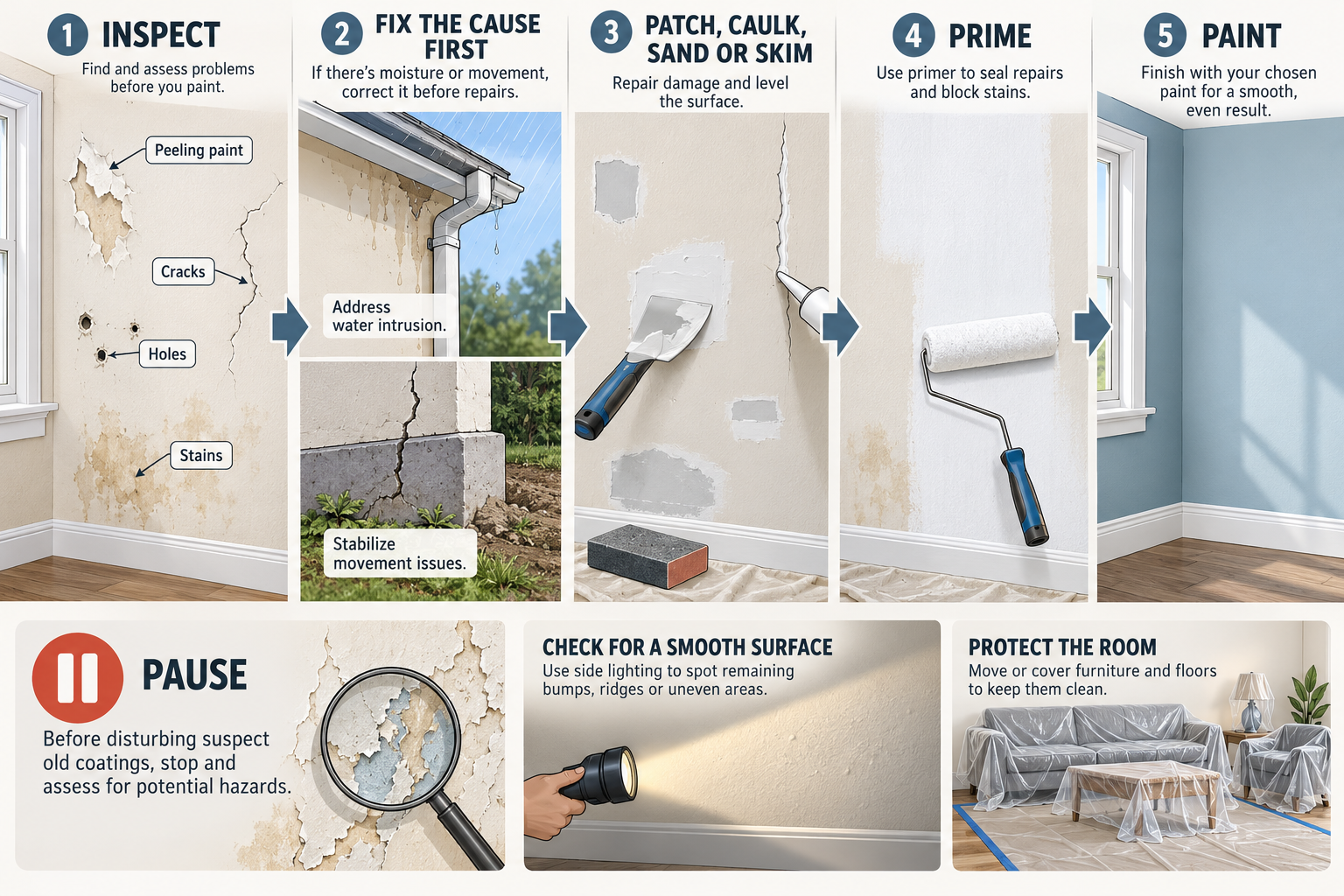 Preparation sequence from inspecting wall defects and causes through patching, priming, and painting