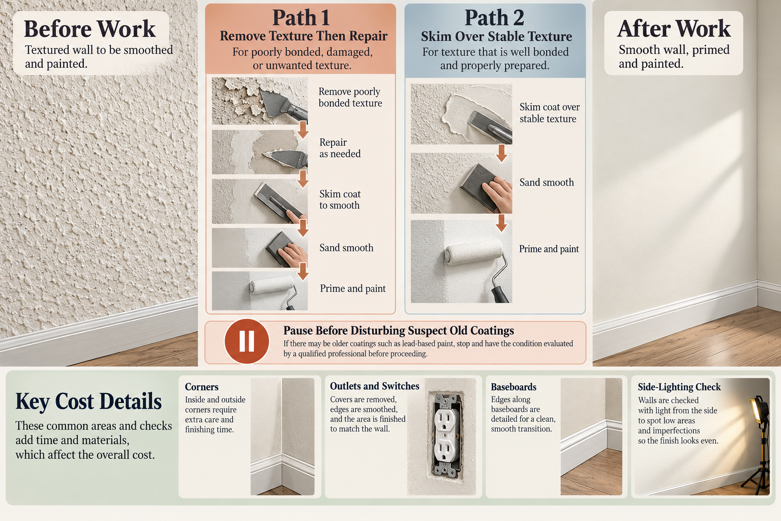 Comparison of wall texture removal and skim coating, including repair, sanding, paint, interfaces, and lighting