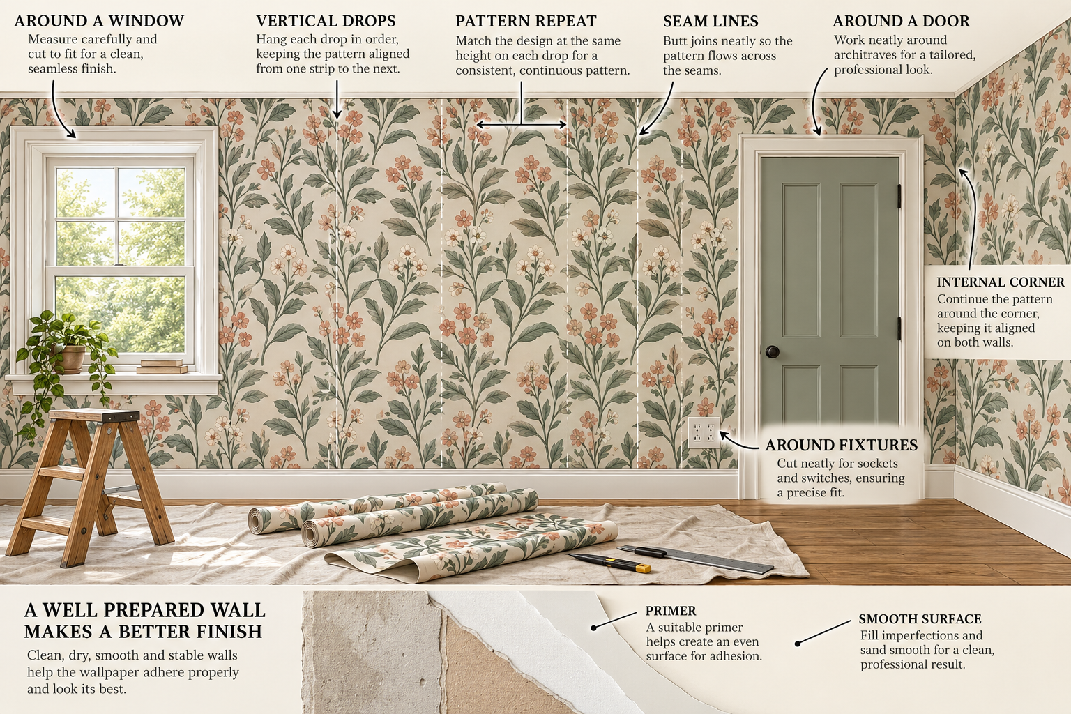 Wallpaper layout showing pattern repeat, aligned seams, waste cuts, and fitting around openings