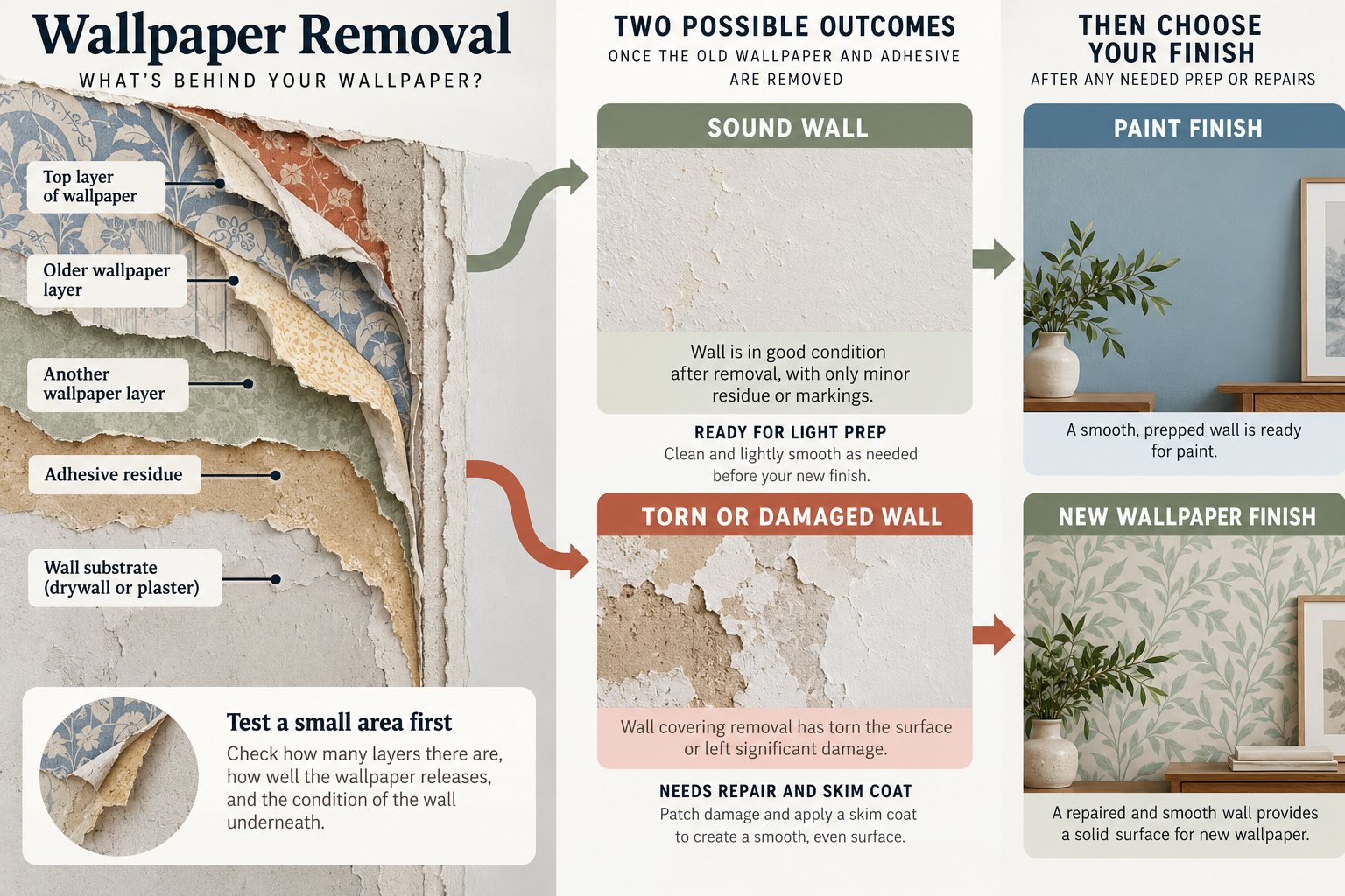 Wallpaper removal exposing either a sound wall or a surface needing repair before paint or new paper