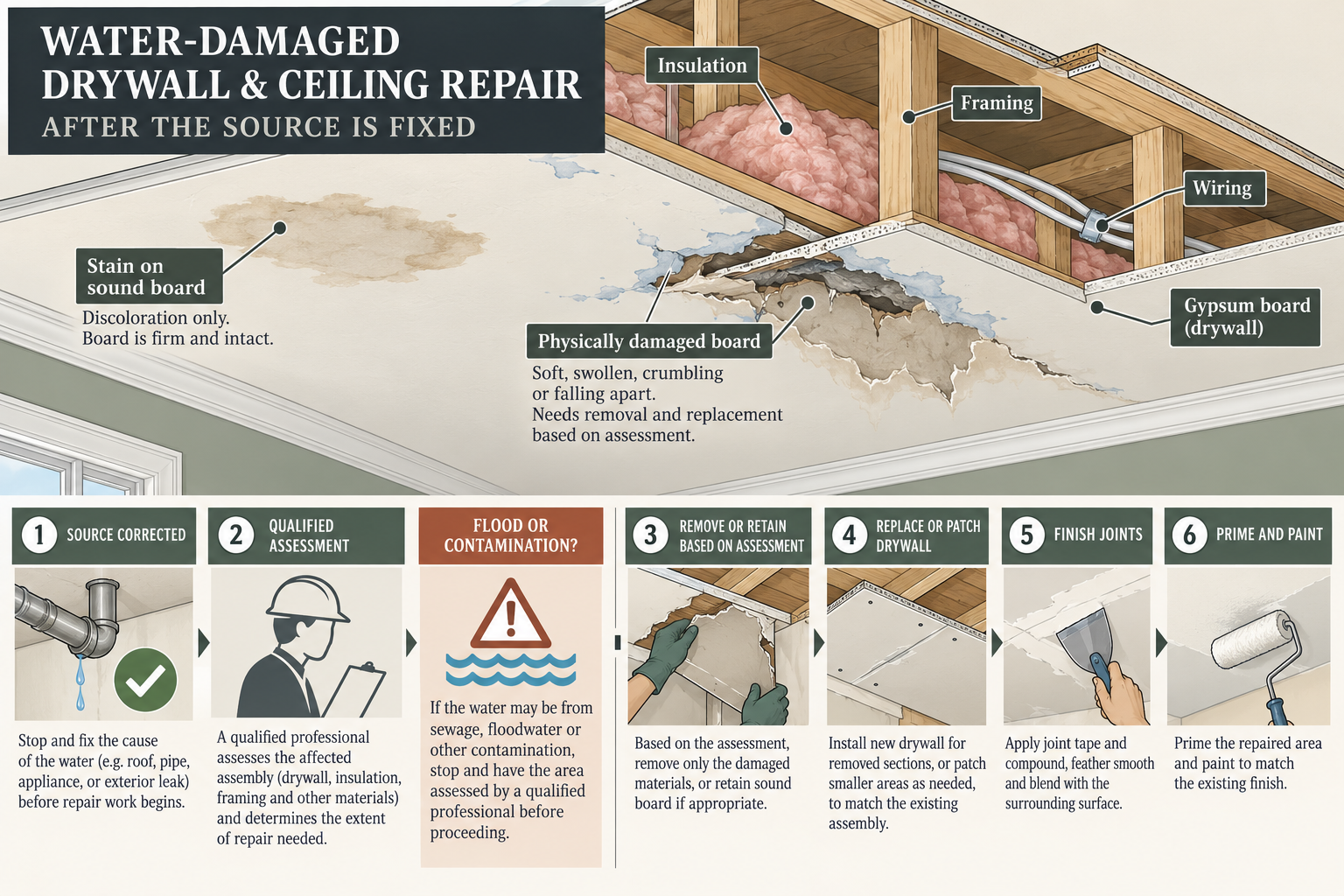 Water-damaged drywall assessment showing the affected ceiling layers and repair sequence after the source is fixed